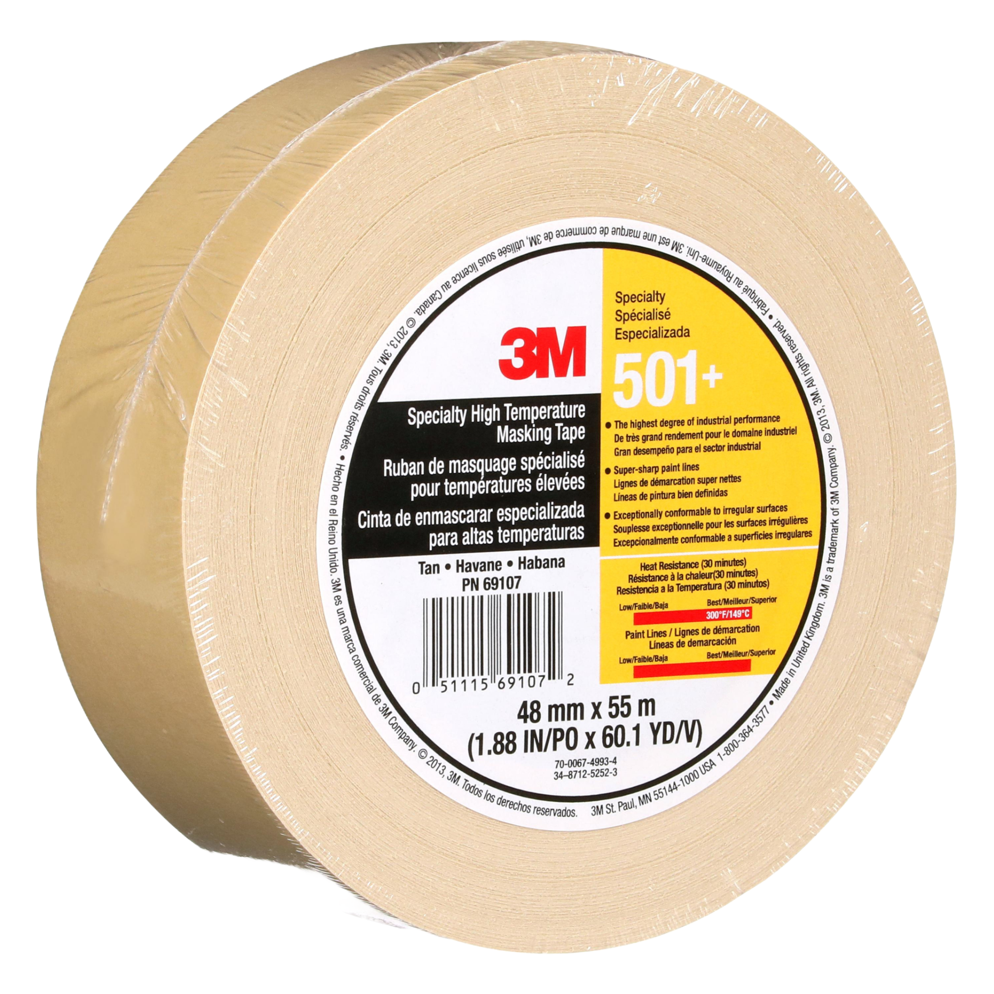 3M Specialty High Temperature Masking Tape 501+ Tan 48 mm x 55 m right side view