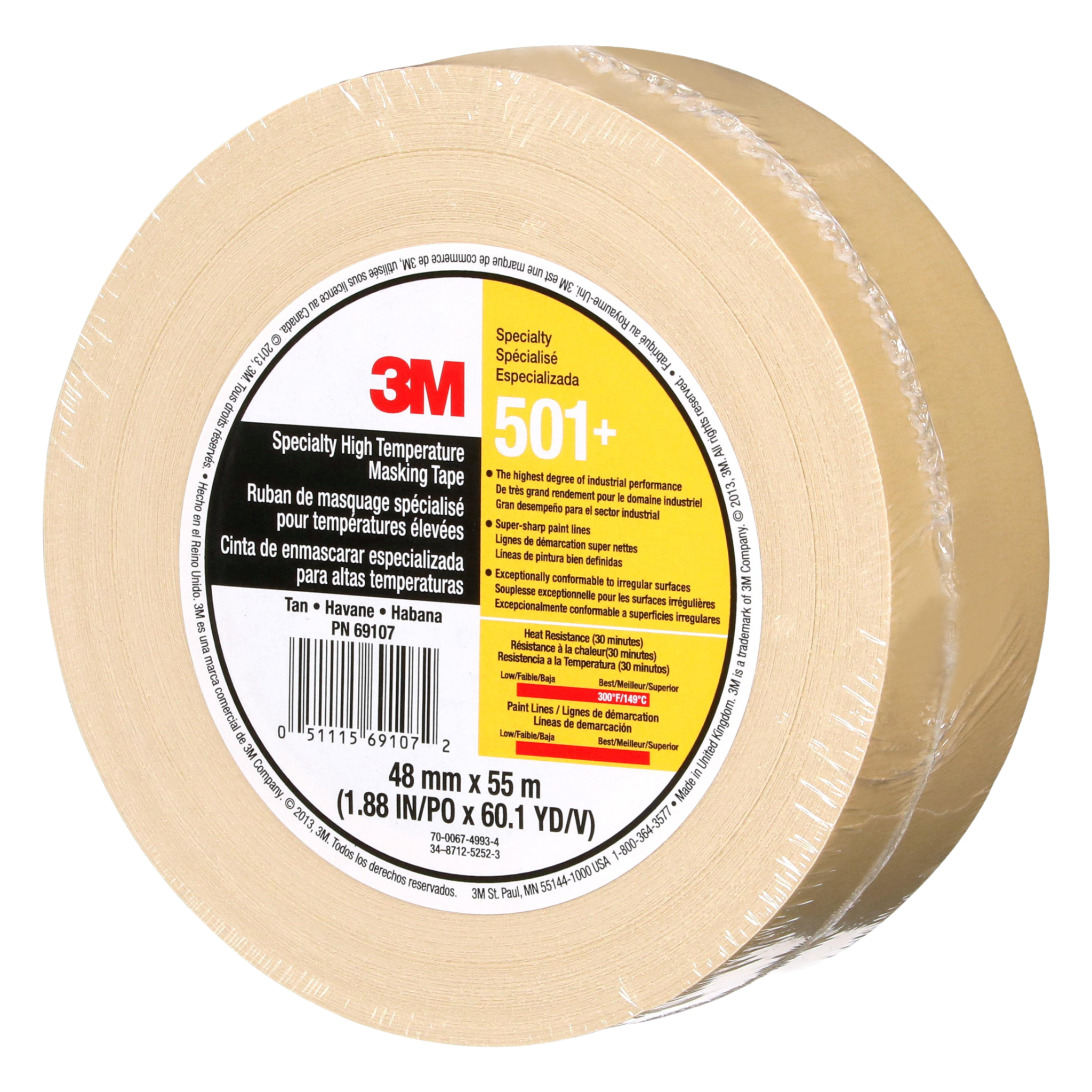 3M Specialty High Temperature Masking Tape 501+ Tan 48 mm x 55 m left side view