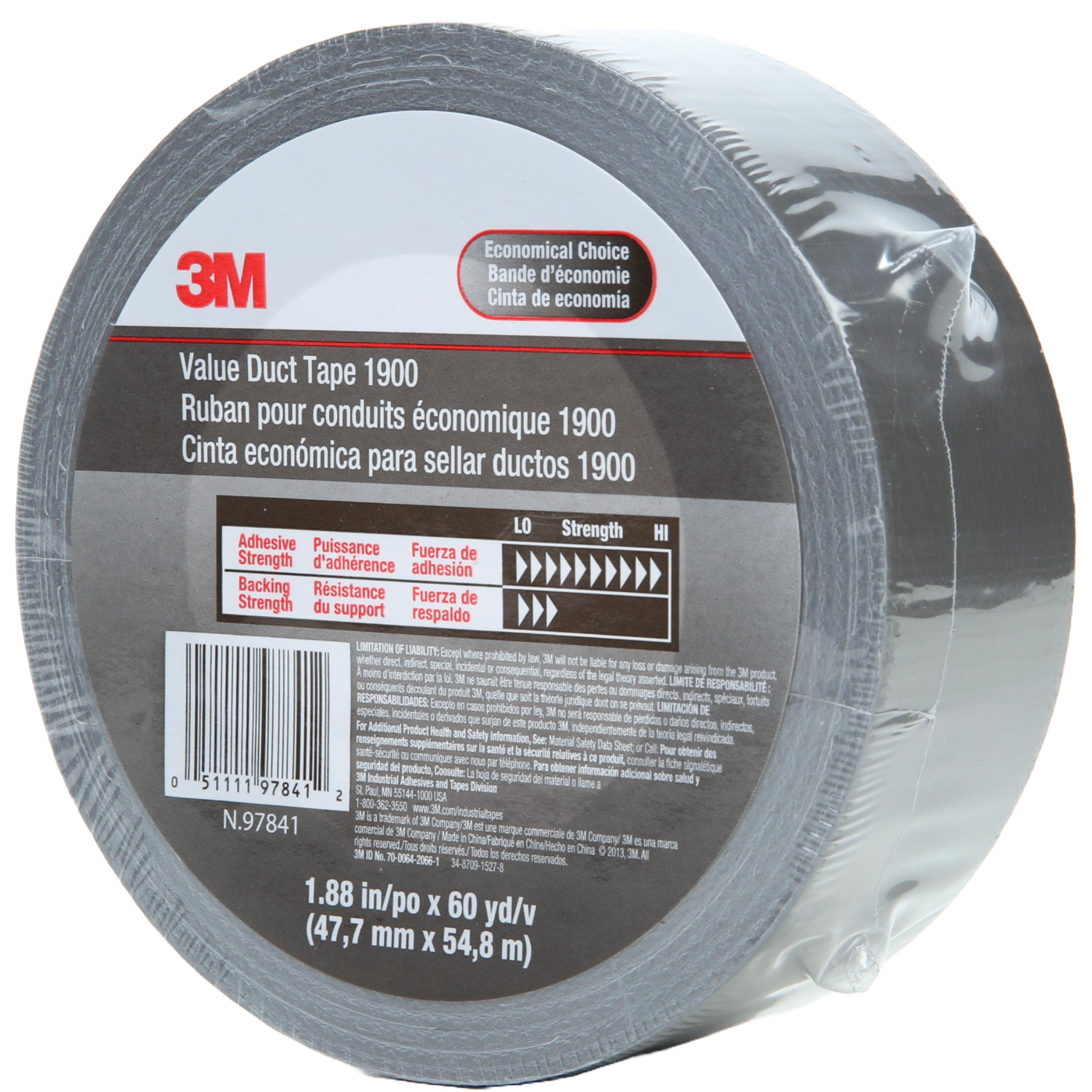 3M Value Duct Tape 1900 Silver 1.88 in x 60 yd 5.8 mil left side view