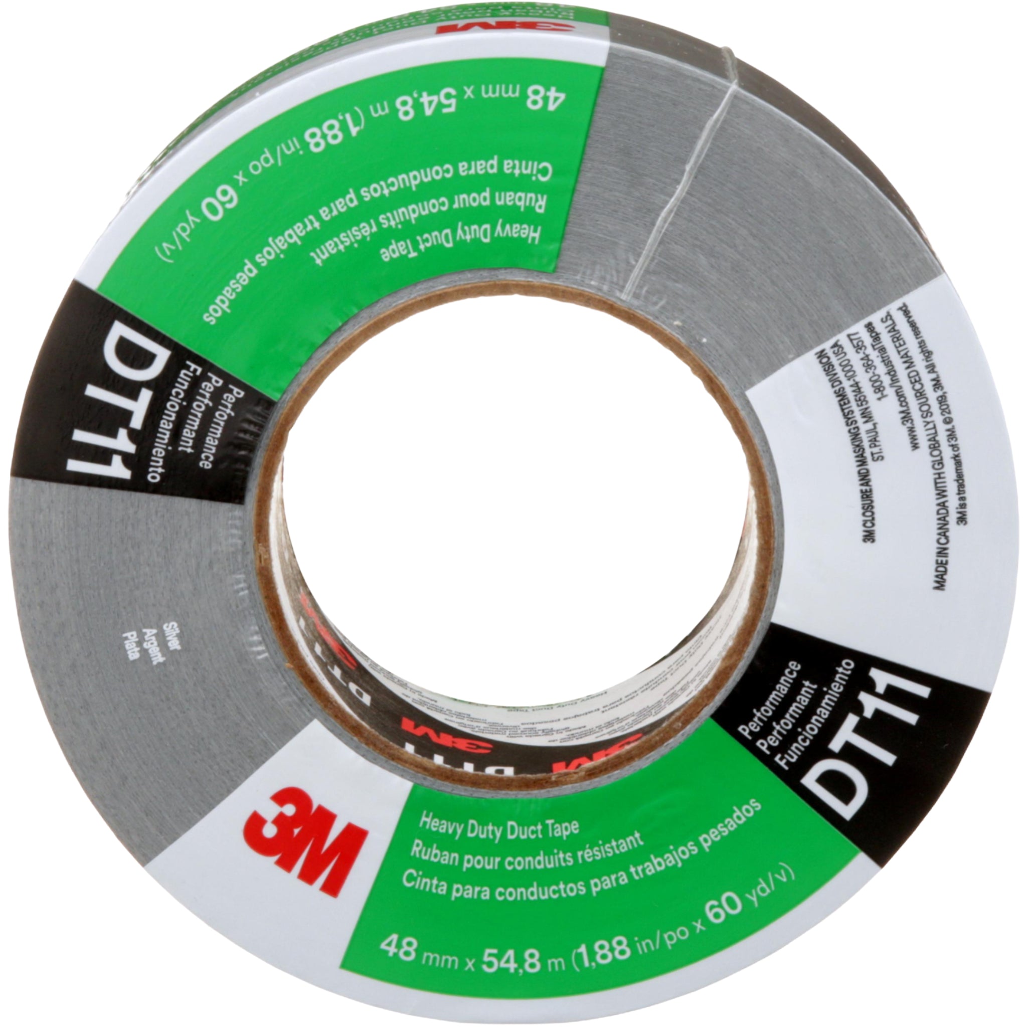 3M Heavy Duty Duct Tape DT11 Silver 48 mm x 54.8 m 11 mil front view