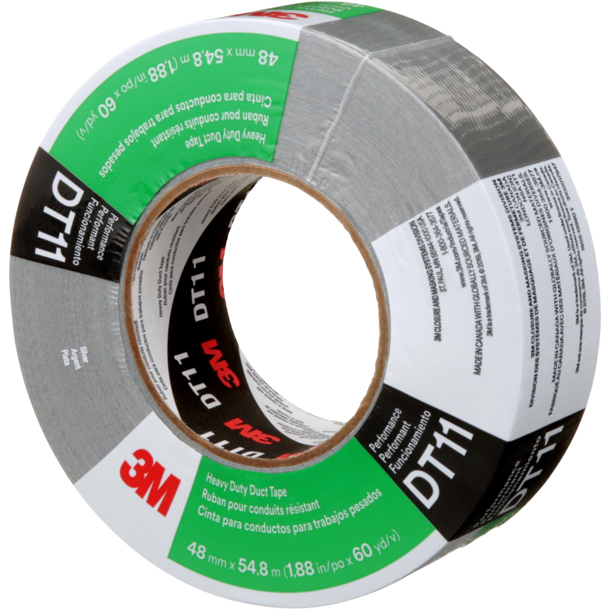 3M Heavy Duty Duct Tape DT11 Silver 48 mm x 54.8 m 11 mil left side view