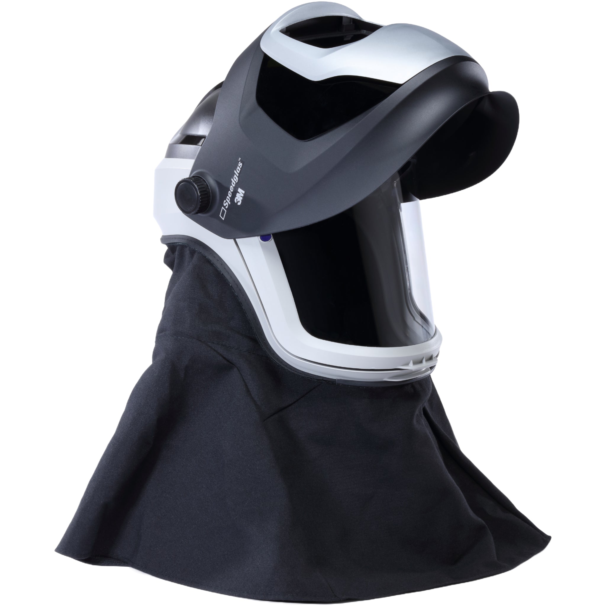 3M Versaflo M-407SG Resp M-Series Helmet Assembly with Flame Resistant Shroud and Speedglas Welding Shield, No ADF right side view opened