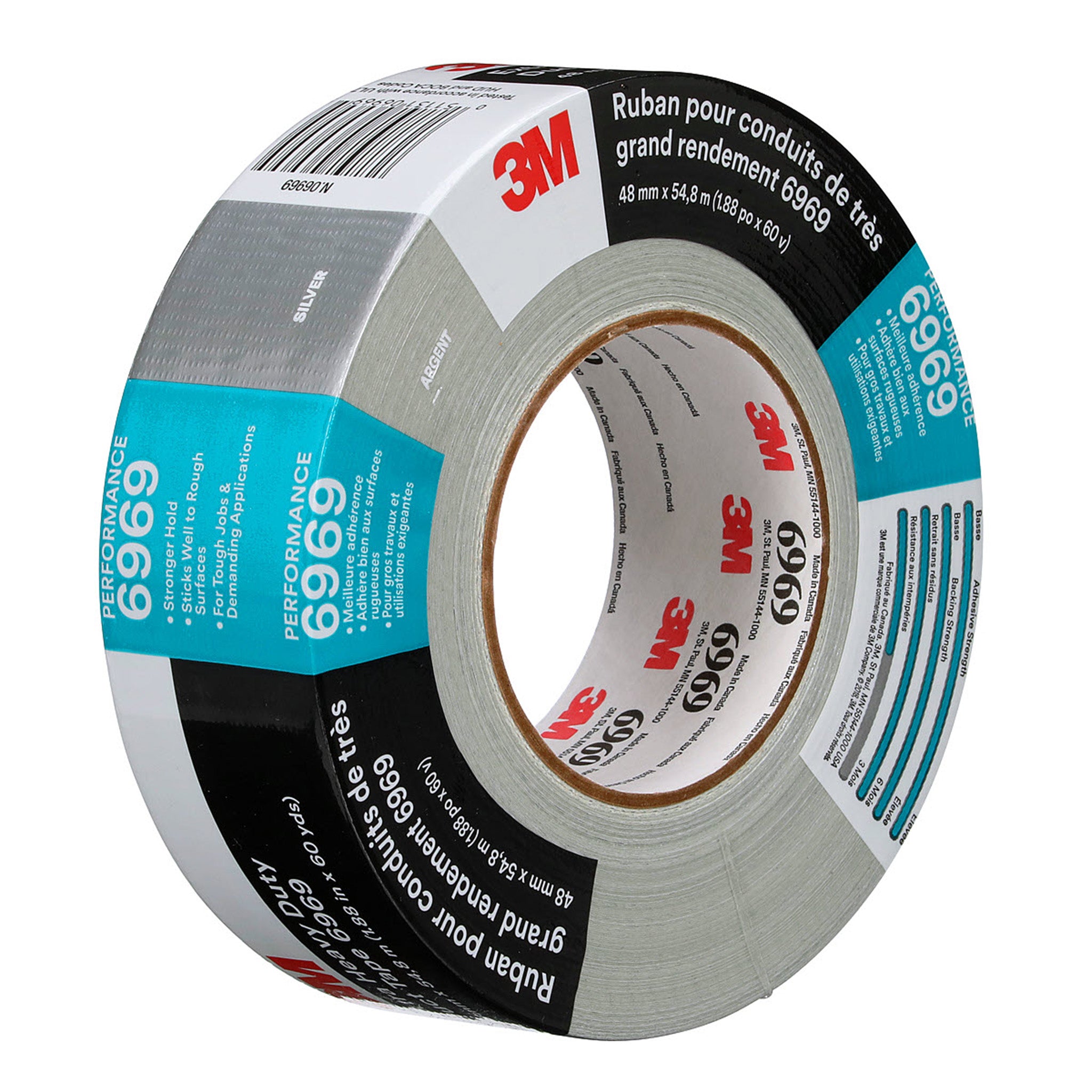 3M Extra Heavy Duty Duct Tape 6969 Silver 48 mm x 54.8 m 10.7 mil, 1 Roll