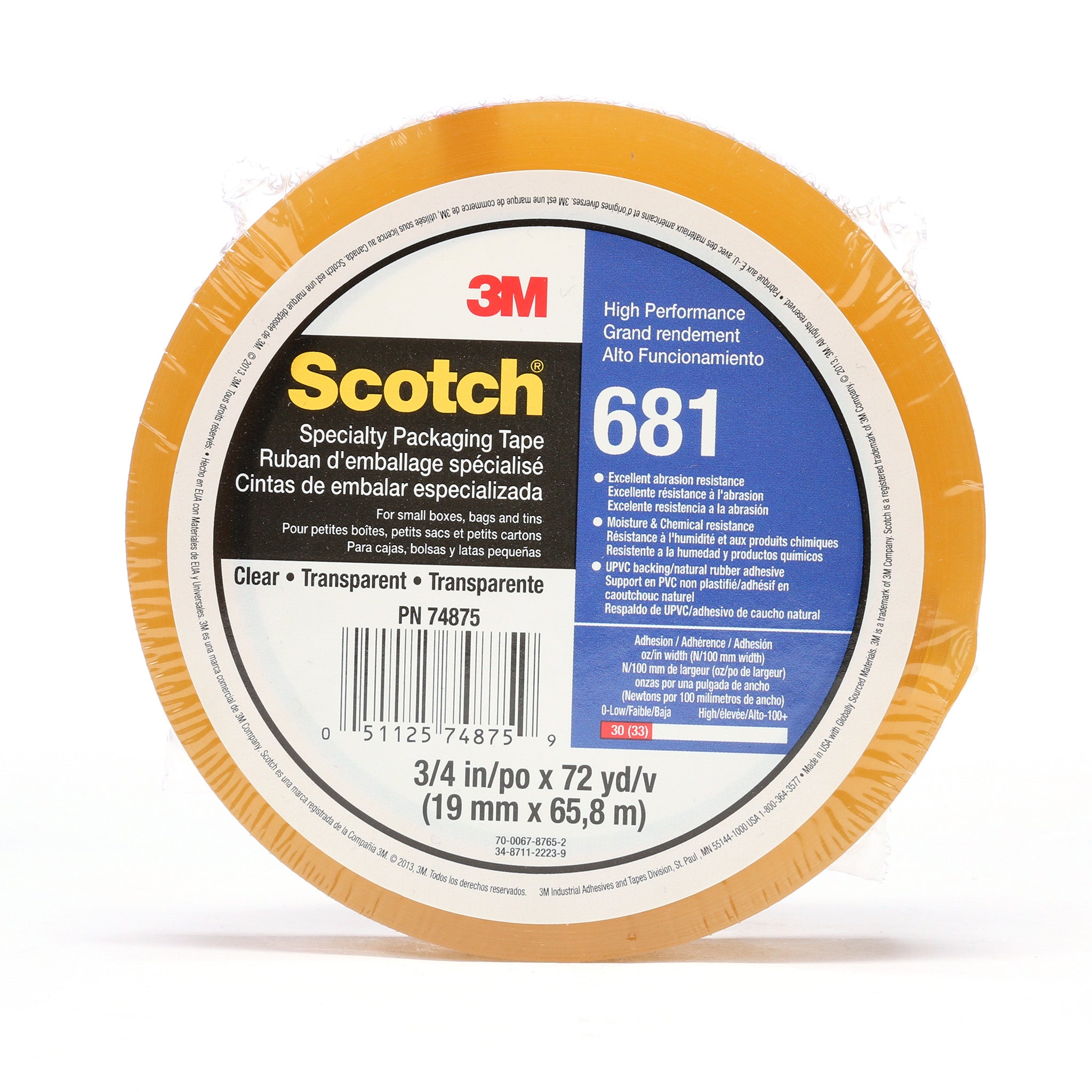 Scotch Light Duty Packaging Tape 681 Clear Moisture Chemical Resistant 1-1/2 in x 72 yd, 1 Roll