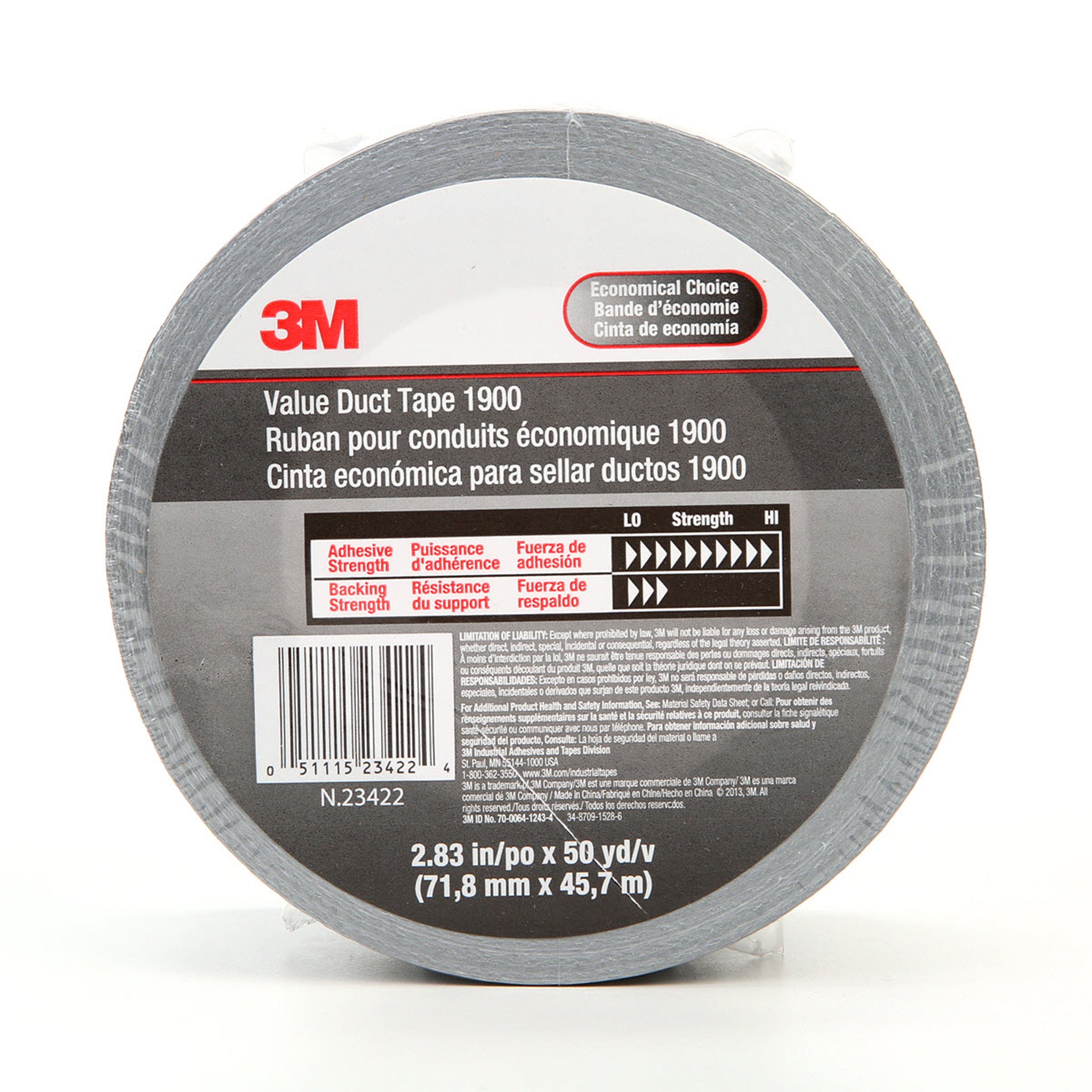 3M Value Duct Tape 1900 Silver 2.83 in x 50 yd 5.8 mil, 1 Roll