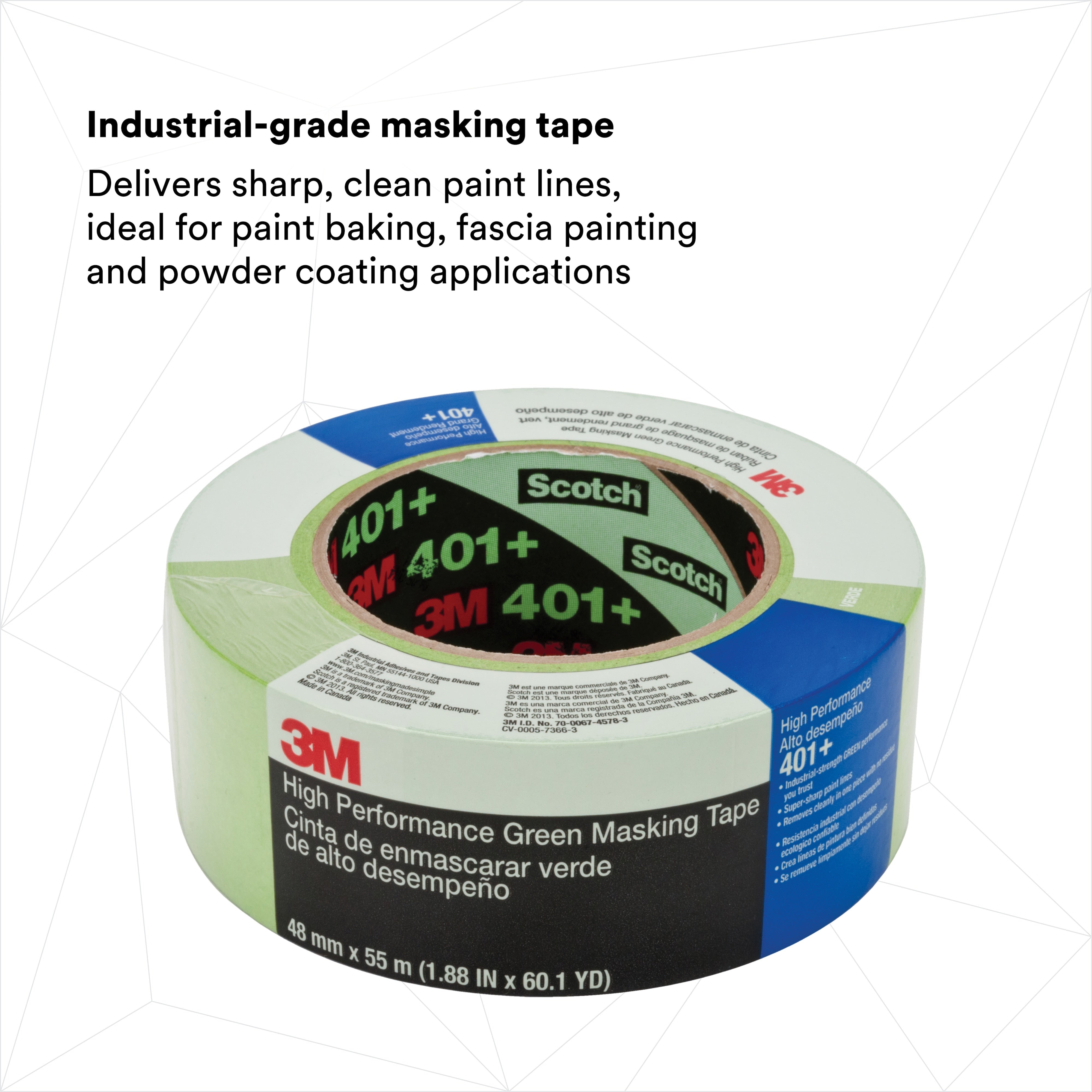 3M High Performance Green Masking Tape 401+ 48 mm x 55 m 6.7 mil, 1 Roll