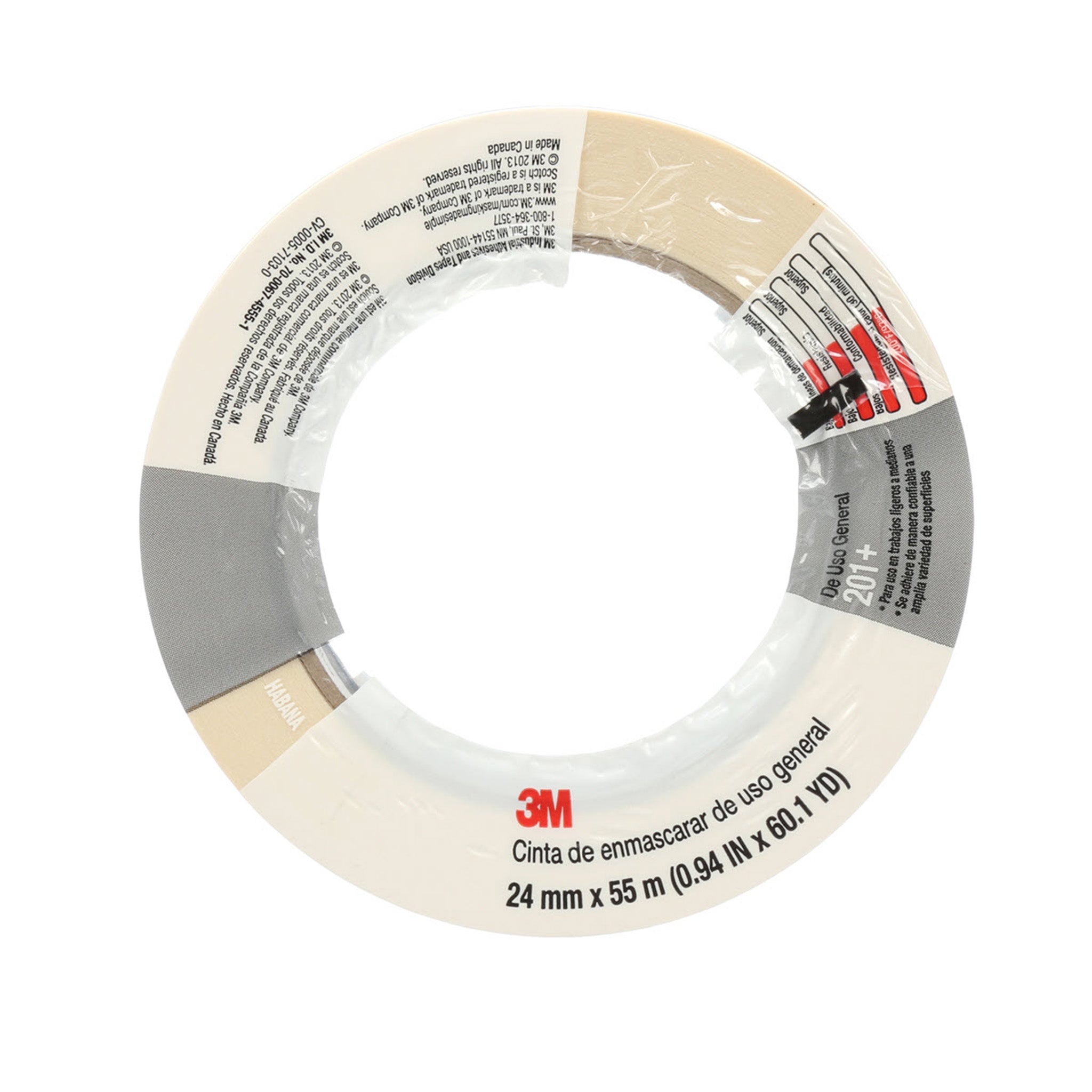 3M General Use Masking Tape 201+ Tan 24 mm x 55 m 4.4 mil, 1 Roll