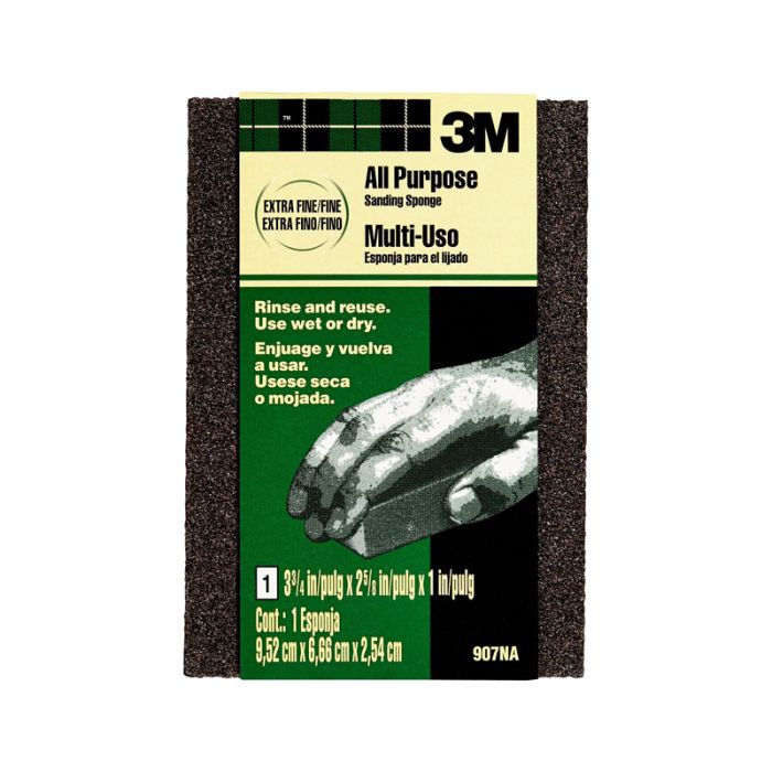 3M General Purpose Sanding Sponge 907NA-3P-CC, 3.75 in x 2.625 in x 1 in, Dual Grit, Extra Fine/Fine, 3 sponges/pack, Case of 6 Packs