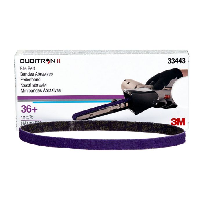 3M™ Cubitron™ II File Belt, 33443, 36+, 1/2 in x 18 in (12.7 mm x 457.2 mm), 10 belts per carton, 5 cartons per case