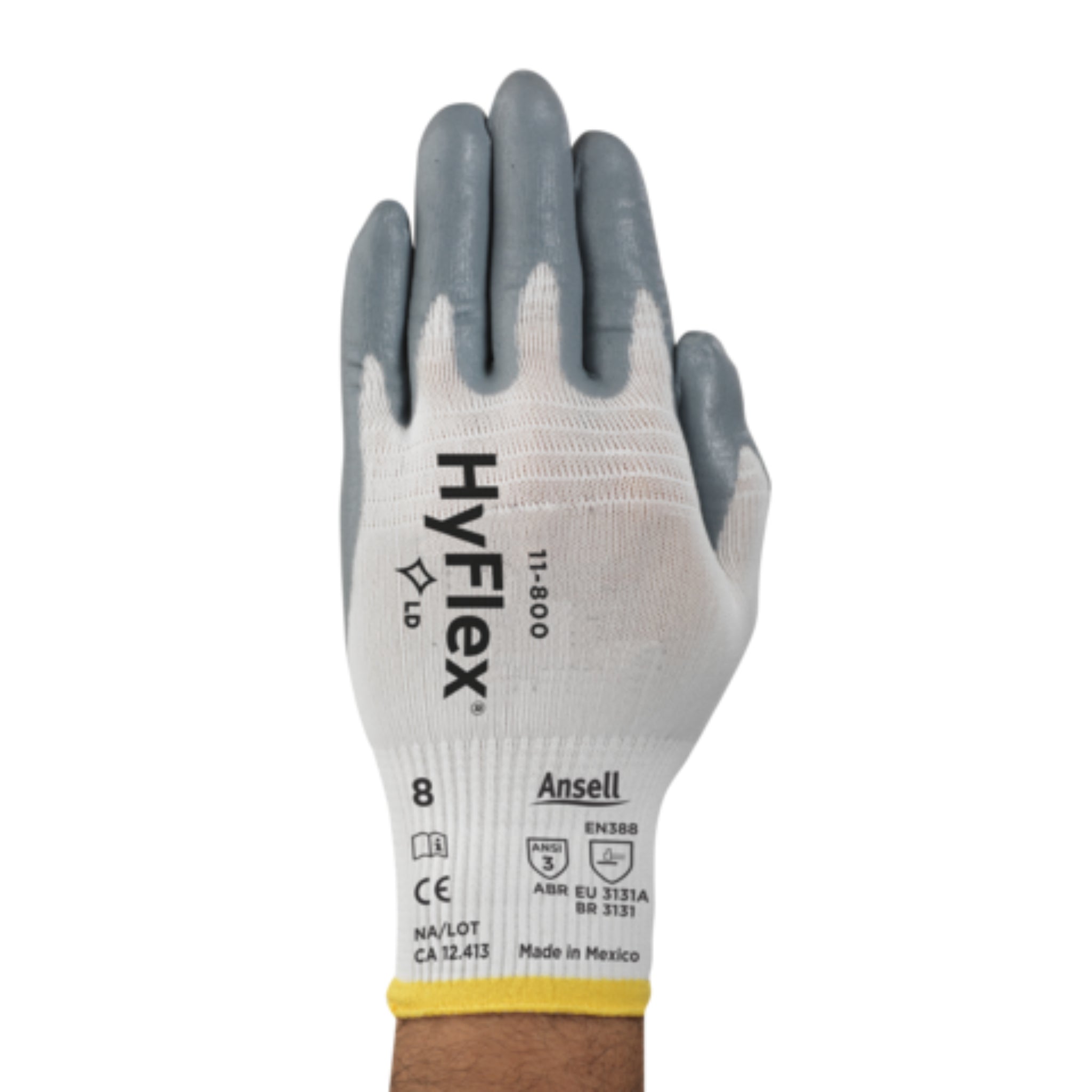 Ansell HyFlex 163310 11-800-8-M Industrial Nitrile Coated Gloves, White, Medium - 8, Back View