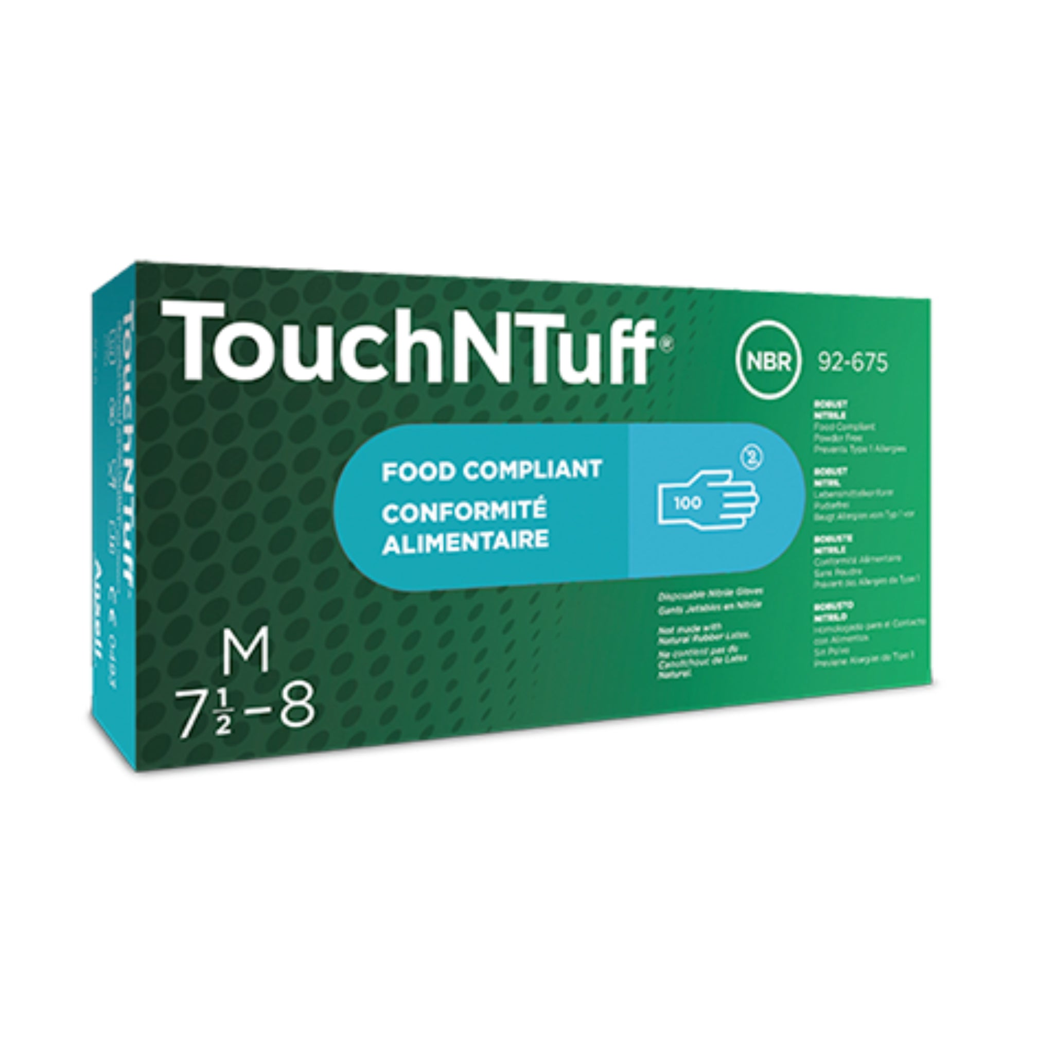 Ansell 92-675 Touch N Tuff Gloves Nitrile Material, Blue, Case of 10 Boxes, Front View Box