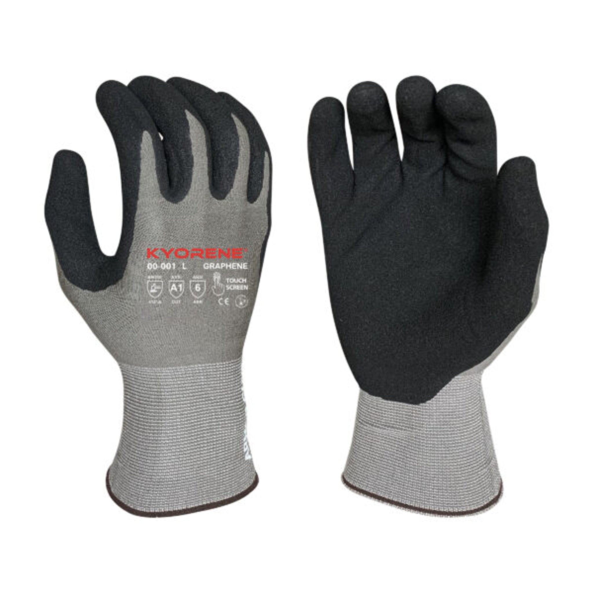 Armor Guys 00-001 Kyorene General Purpose Work Gloves Gray, Box of 12 Pairs, Front and Back View