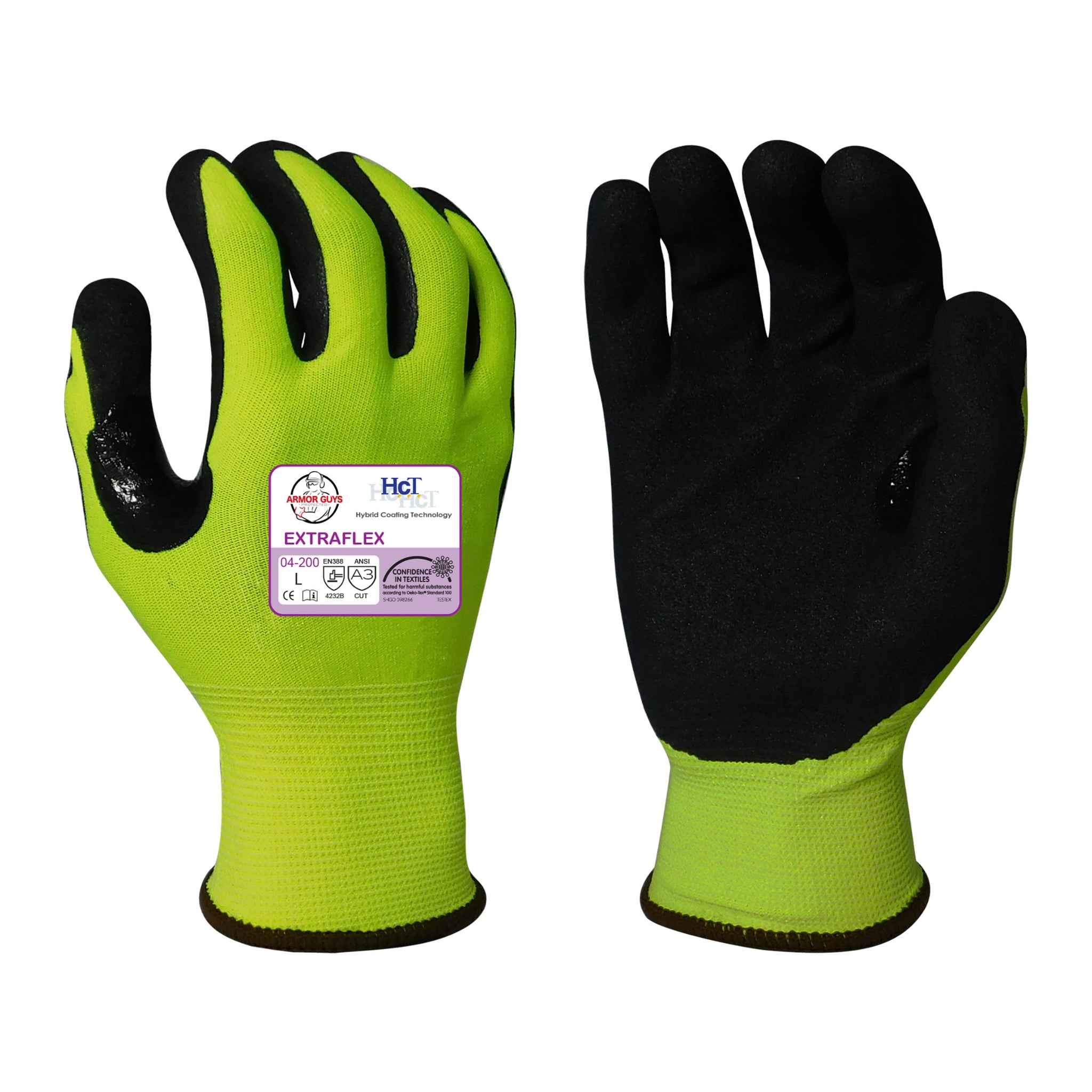 Armor Guys 04-200 18 Gauge ExtraFlex Cut Work Glove, Yellow, Pair of 12, Front and Back View