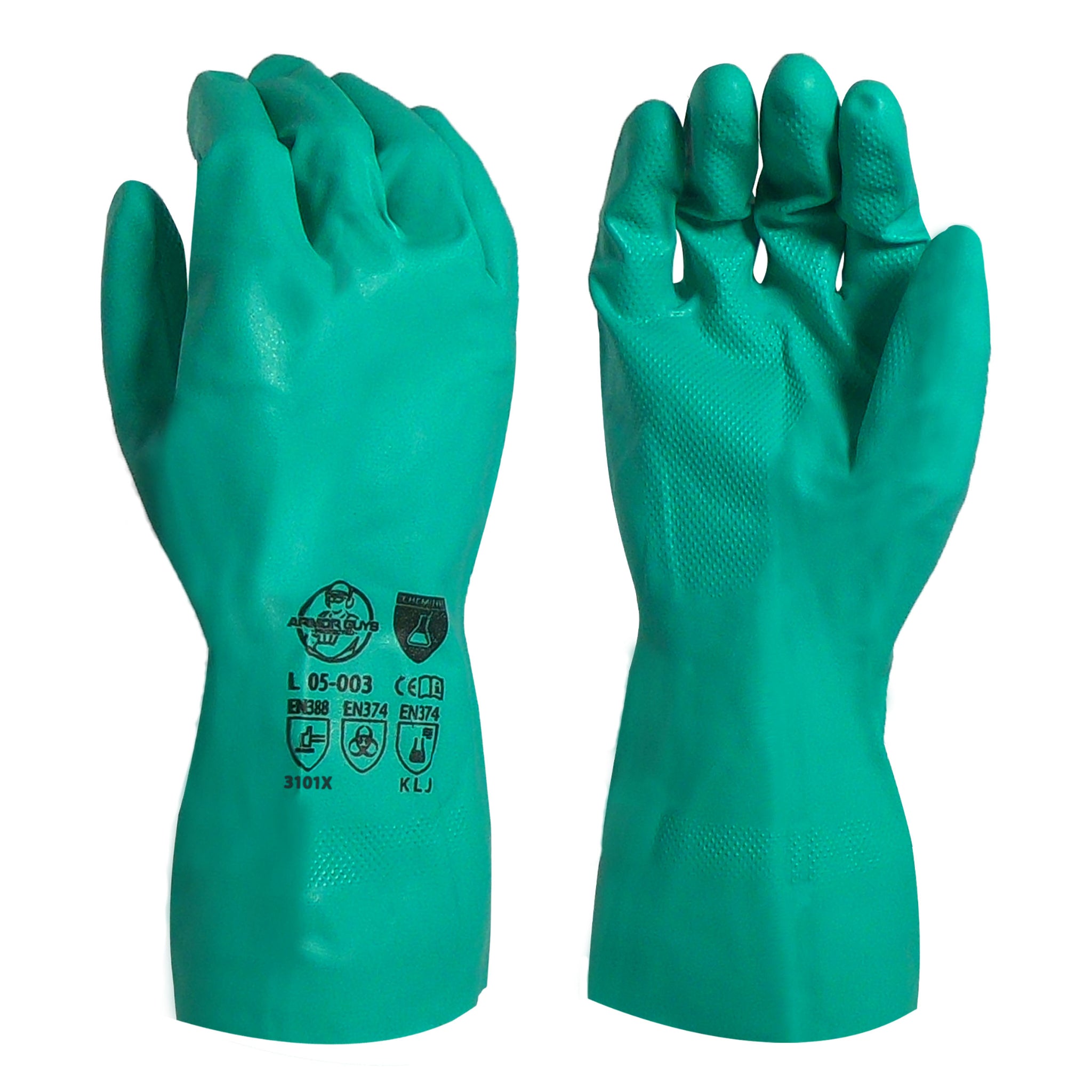 Armor Guys 05-003 ChemiFlex Work Glove, Green, Pair of 12, Front and Back