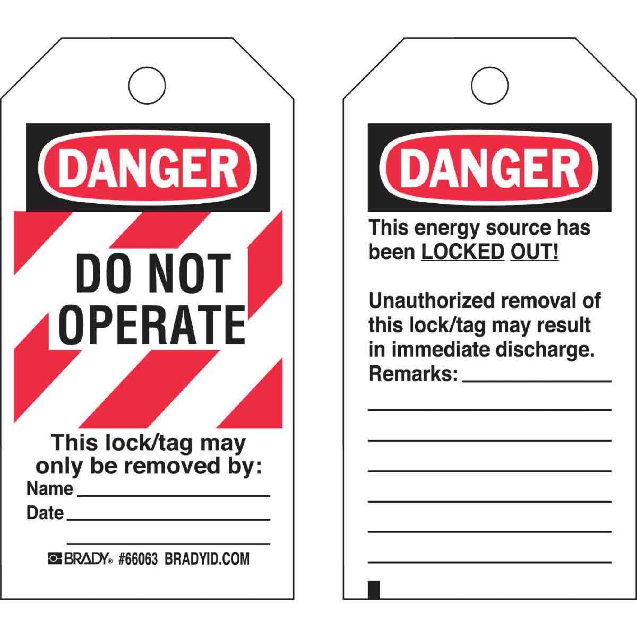 BRADY WORLDWIDE 65520 DANGER Do Not Operate Energy Source Lockout Tagout Tags, product image