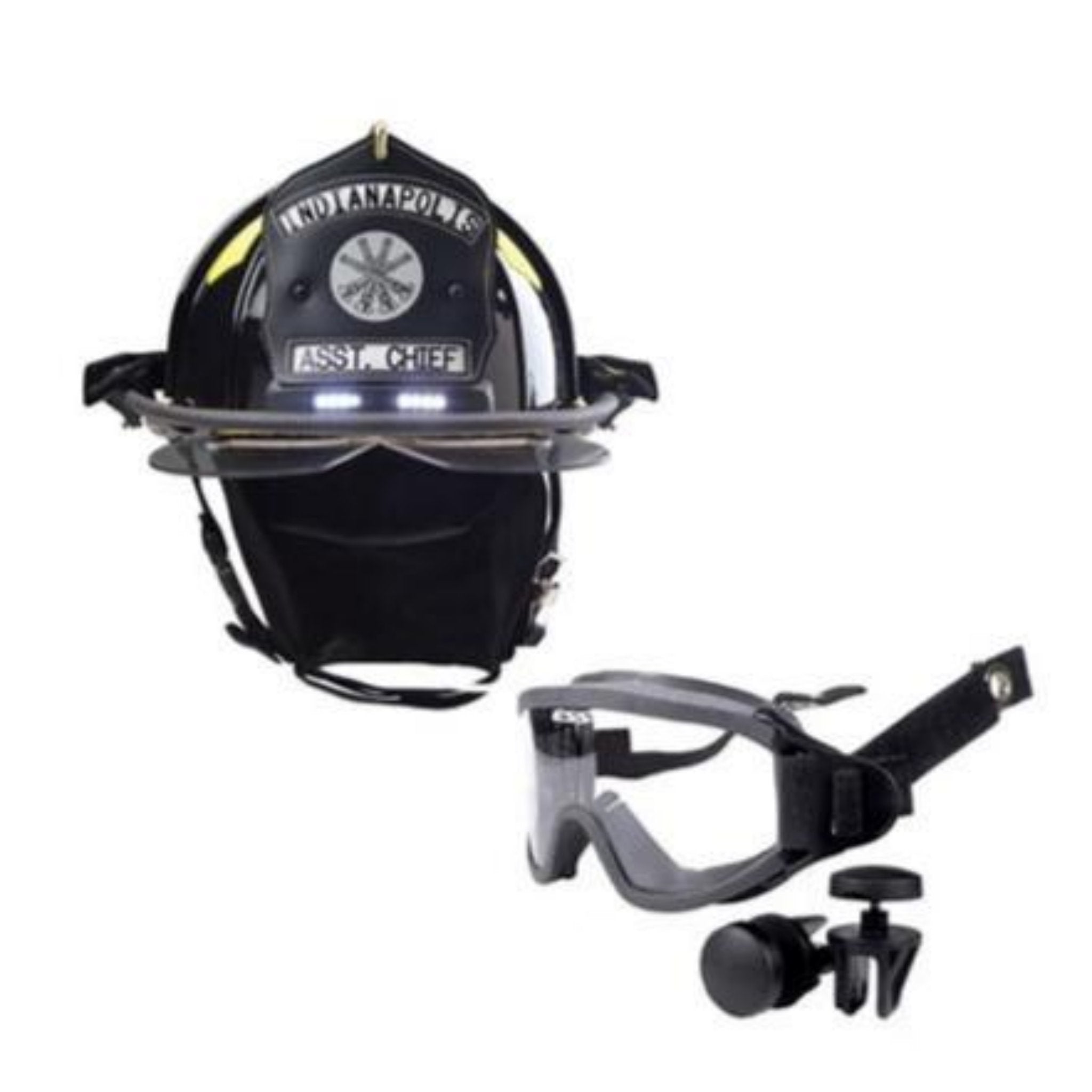 Bullard Traditional Fiberglass Fire Helmet  TrakLite Helmet Lighting System wraparound ESS IZ3 goggle and 6in Brass Eagle