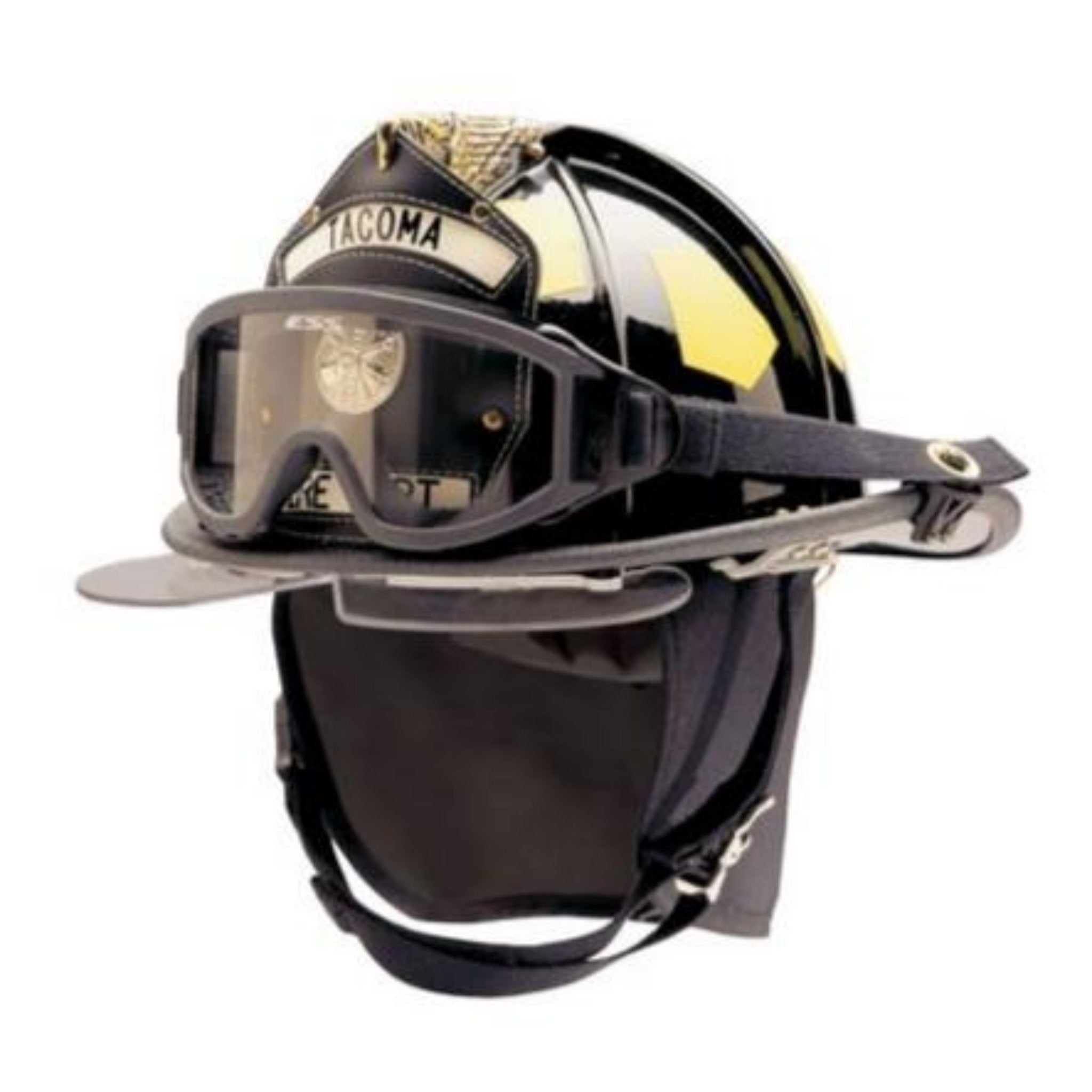 Bullard Traditional Fiberglass Fire Helmet with wraparound ESS IZ3 goggle and 6in Brass Eagle - Matte Finish