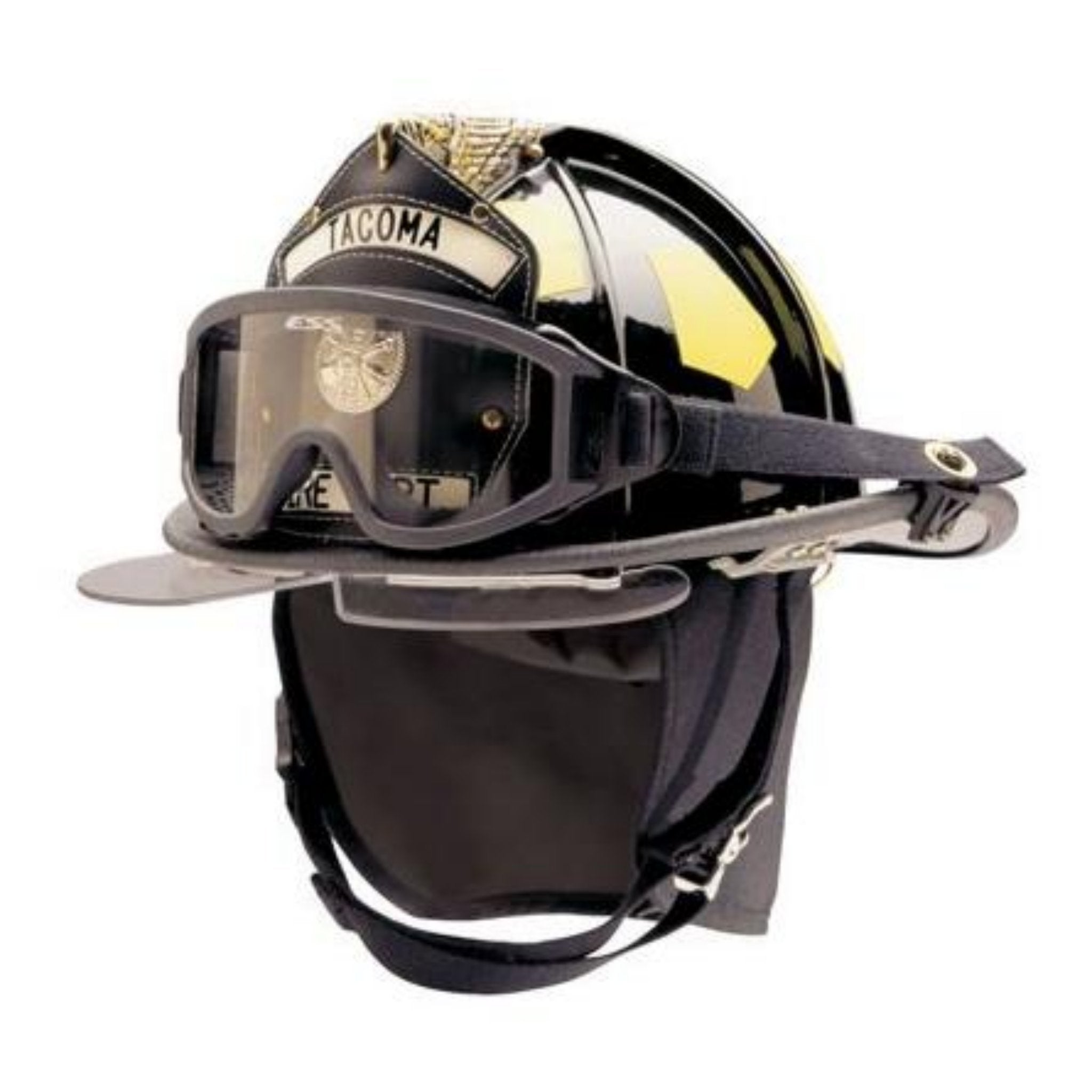 Bullard Traditional Fiberglass Fire Helmet with wraparound ESS IZ3 goggle, bourke eyeshield and 6in Brass Eagle - Matte Finish