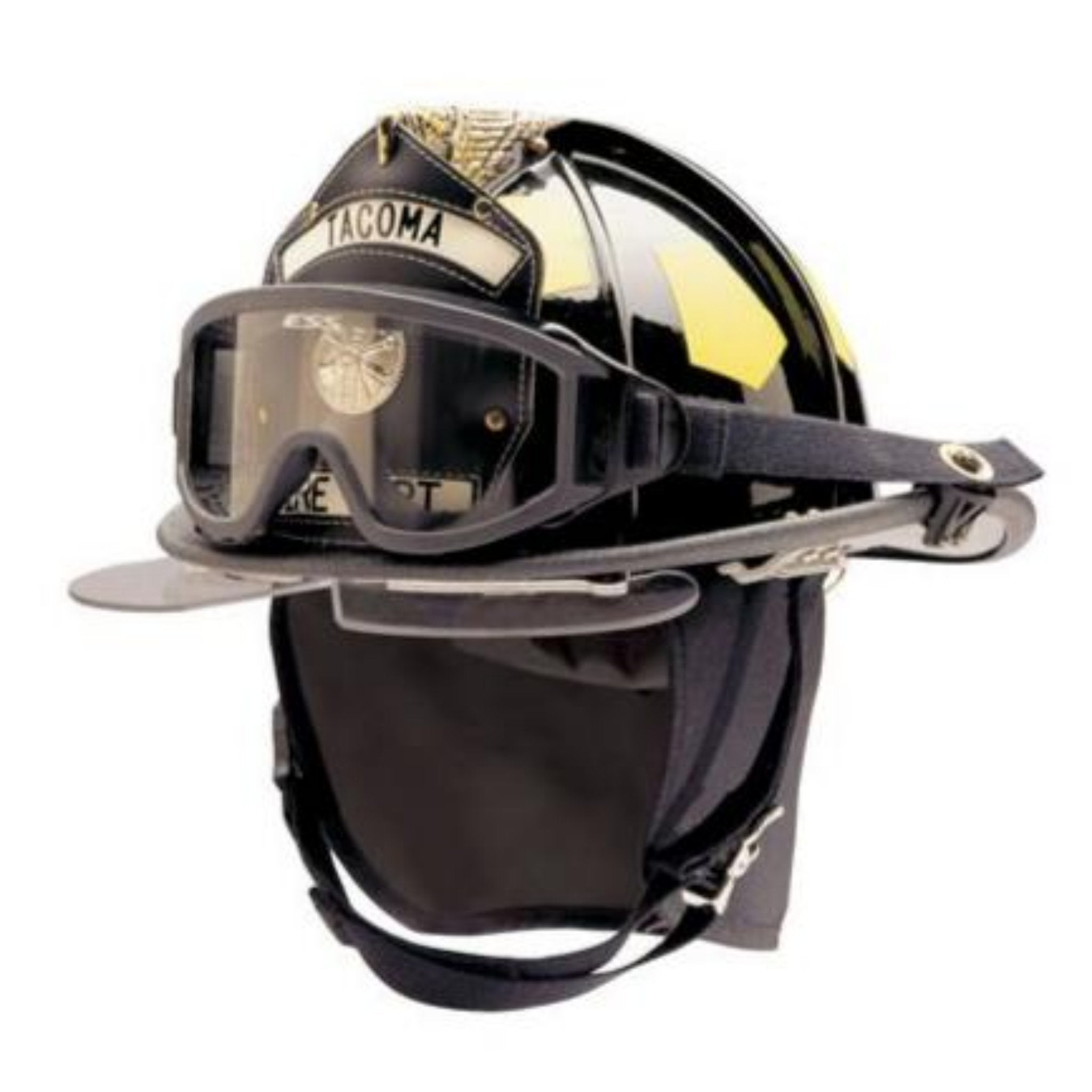 Bullard Traditional Fiberglass Fire Helmet with wraparound ESS IZ3 goggle, bourke eyeshield and 6in Brass Eagle