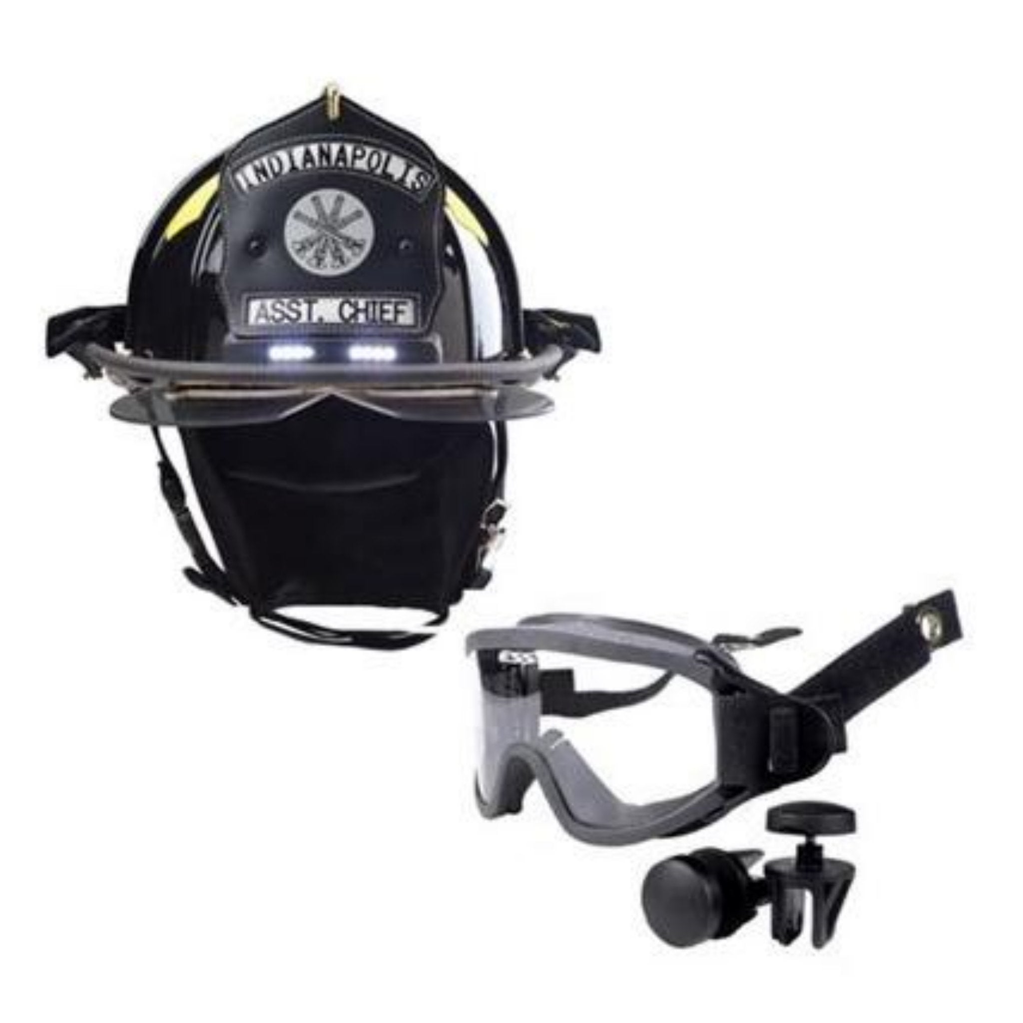 Bullard Traditional Fiberglass Fire Helmet with TrakLite Helmet Lighting System, wraparound ESS IZ3 goggle, bourke eyeshield and 6in Brass Eagle - Matte Finish