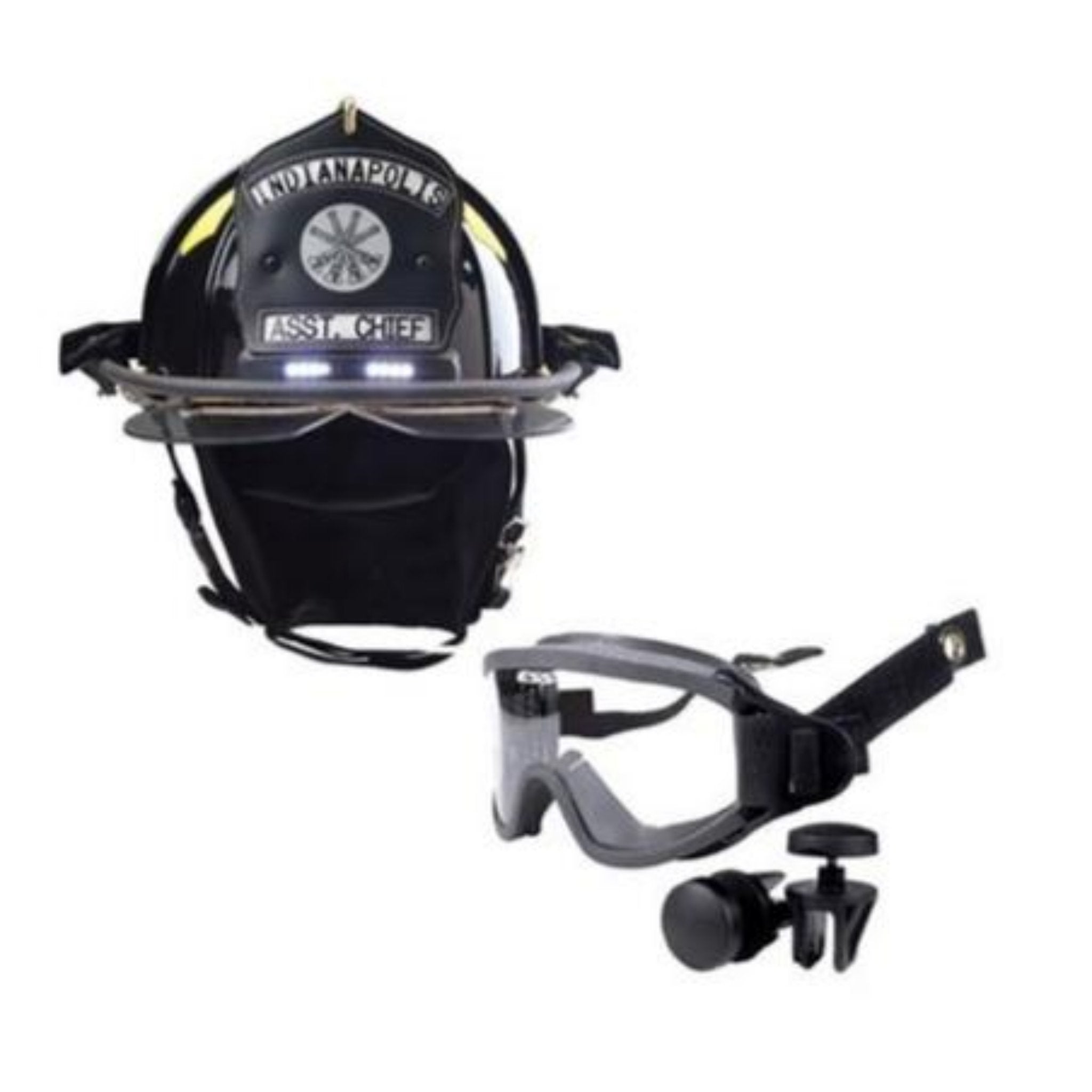 Bullard Traditional Fiberglass Fire Helmet with TrakLite Helmet Lighting System, wraparound ESS IZ3 goggle and 6in Brass Eagle - Matte Finish