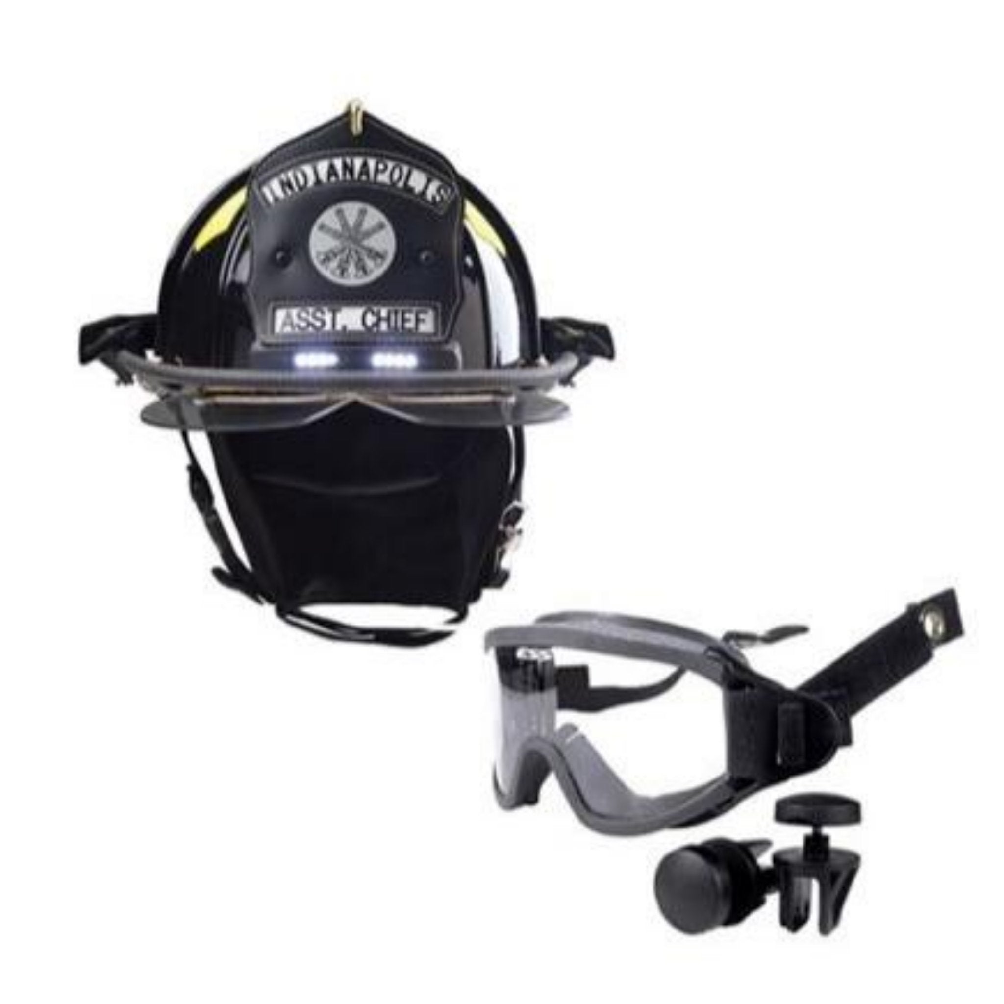 Bullard Traditional Fiberglass Fire Helmet with TrakLite Helmet Lighting System, detachable ESS IZ2 goggle and 6in Brass Eagle