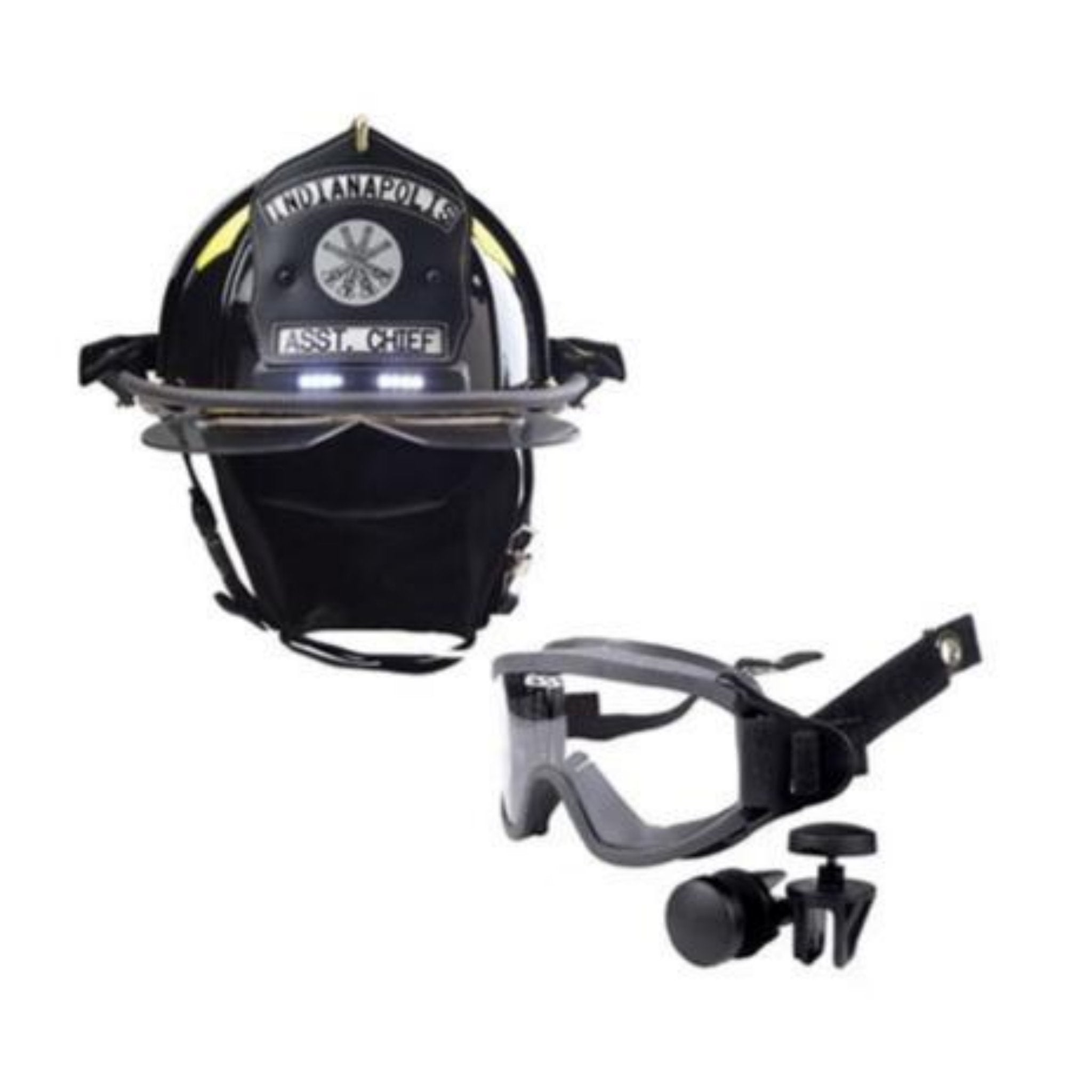 Bullard Traditional Fiberglass Fire Helmet with TrakLite Helmet Lighting System, detachable ESS IZ2 goggle, bourke eyeshield and 6in Brass Eagle