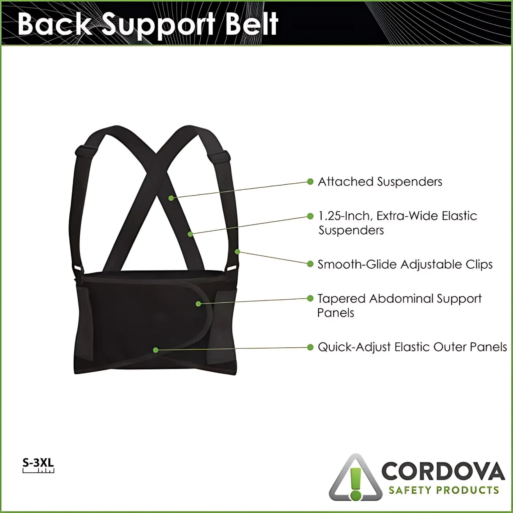 Cordova SB Tapered Back Support Belt with Attached Suspenders, Black, 1 Each, Features