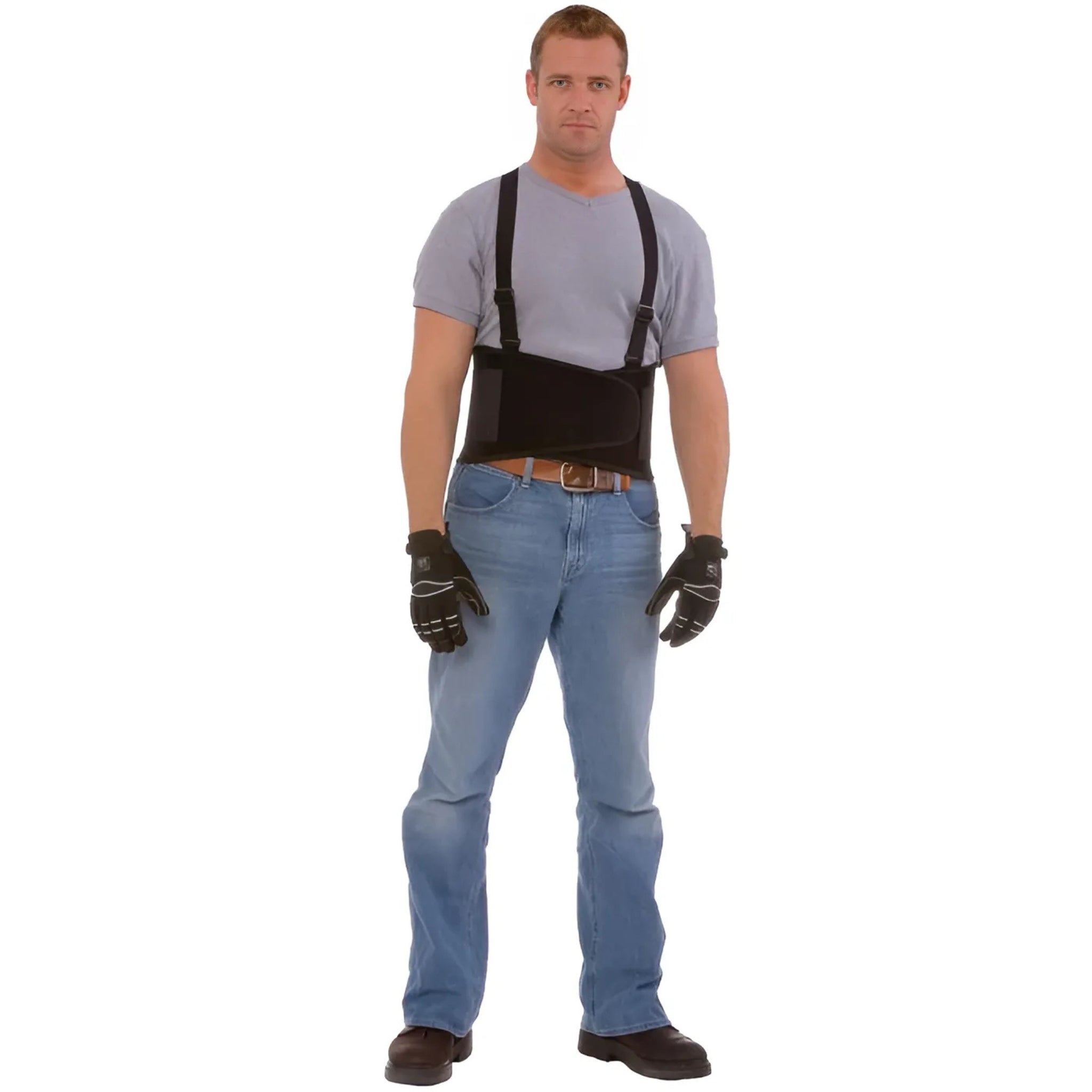 Cordova SB Tapered Back Support Belt with Attached Suspenders, Black, 1 Each, In Use Front View