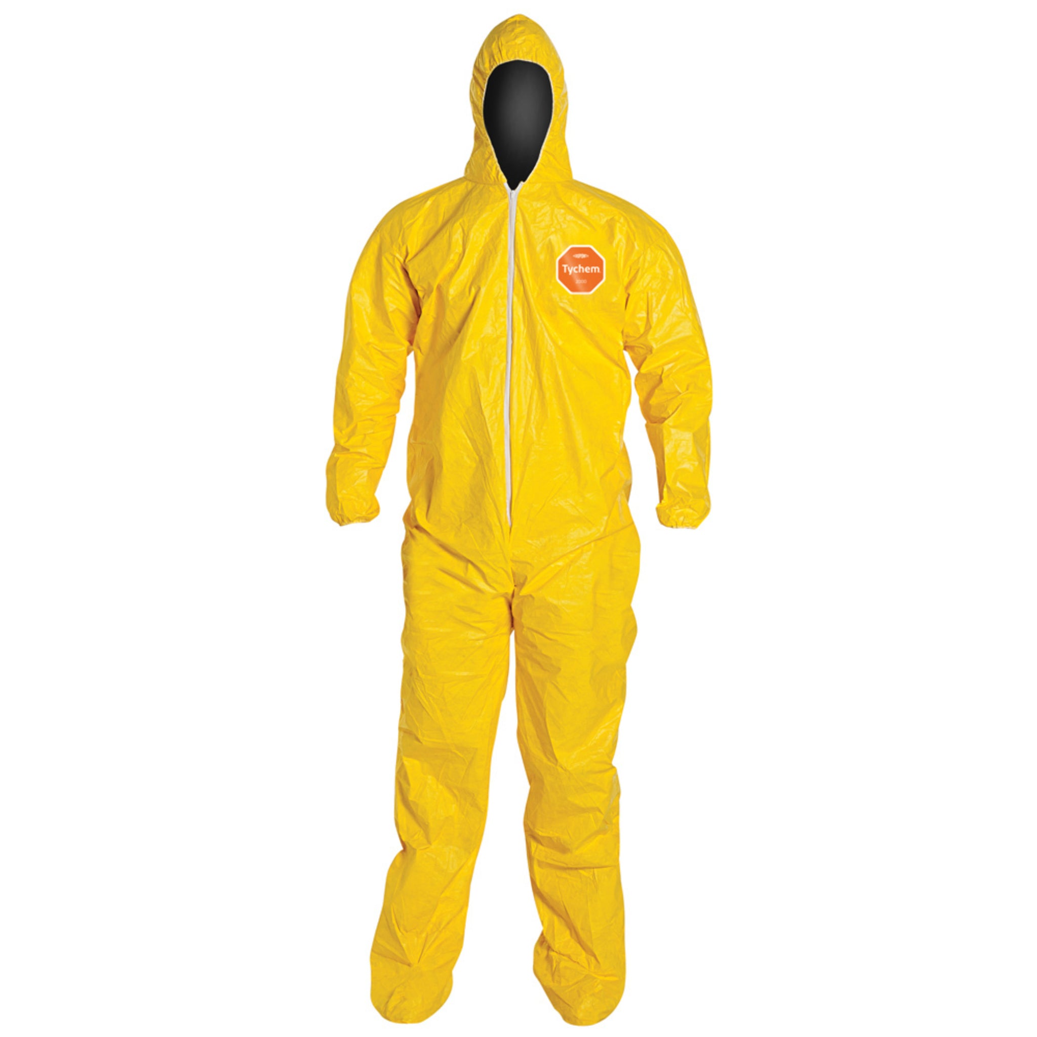 DuPont Tychem 2000 QC122SYL Chemical Protective Coverall with Hood, Elastic Wrists, Attached Socks, 10 Mil, Yellow, front view