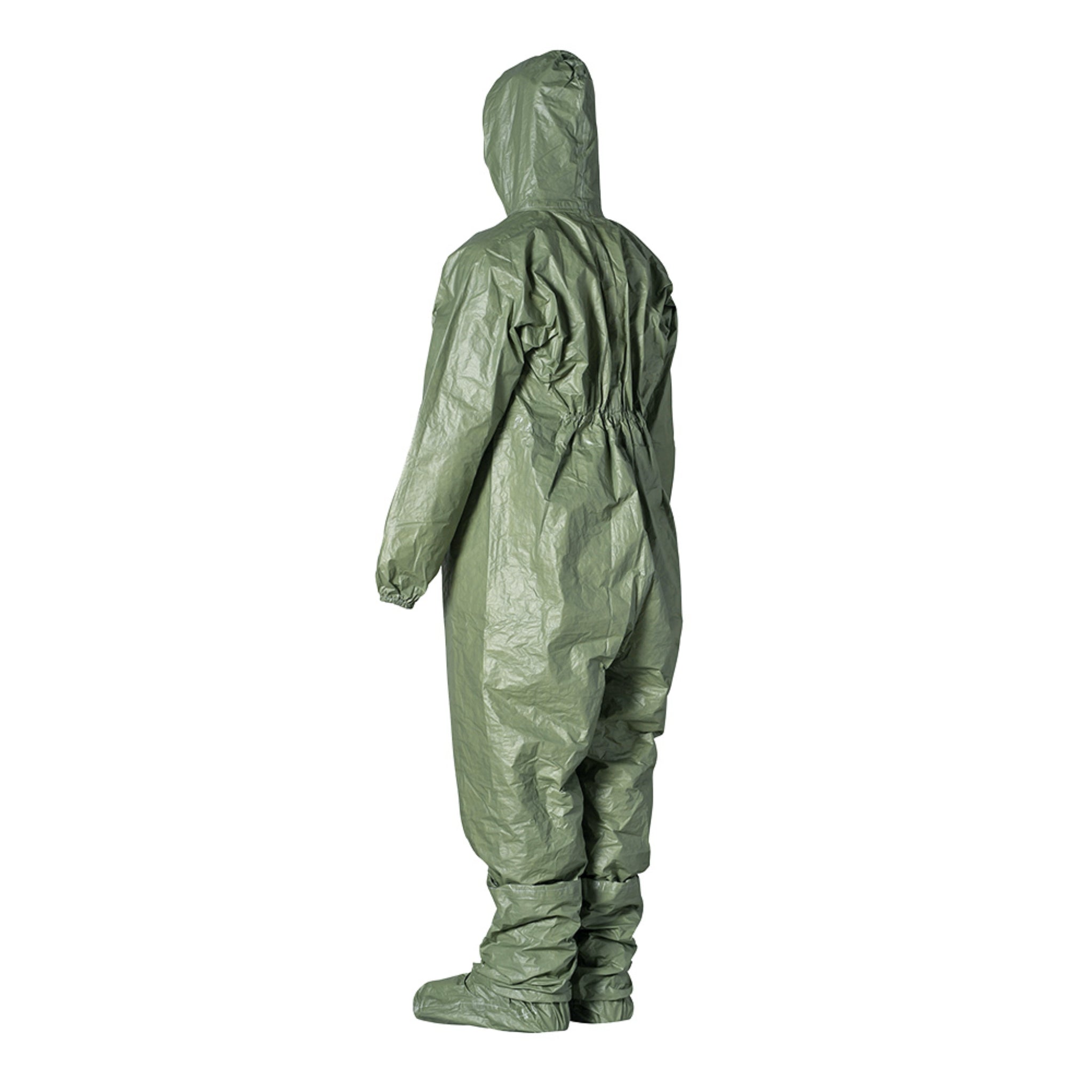 DuPont Tychem 2000 SFR QS127TGR Coverall, Respirator Fit Hood, Front Zipper Closure, Chin Flap, back left