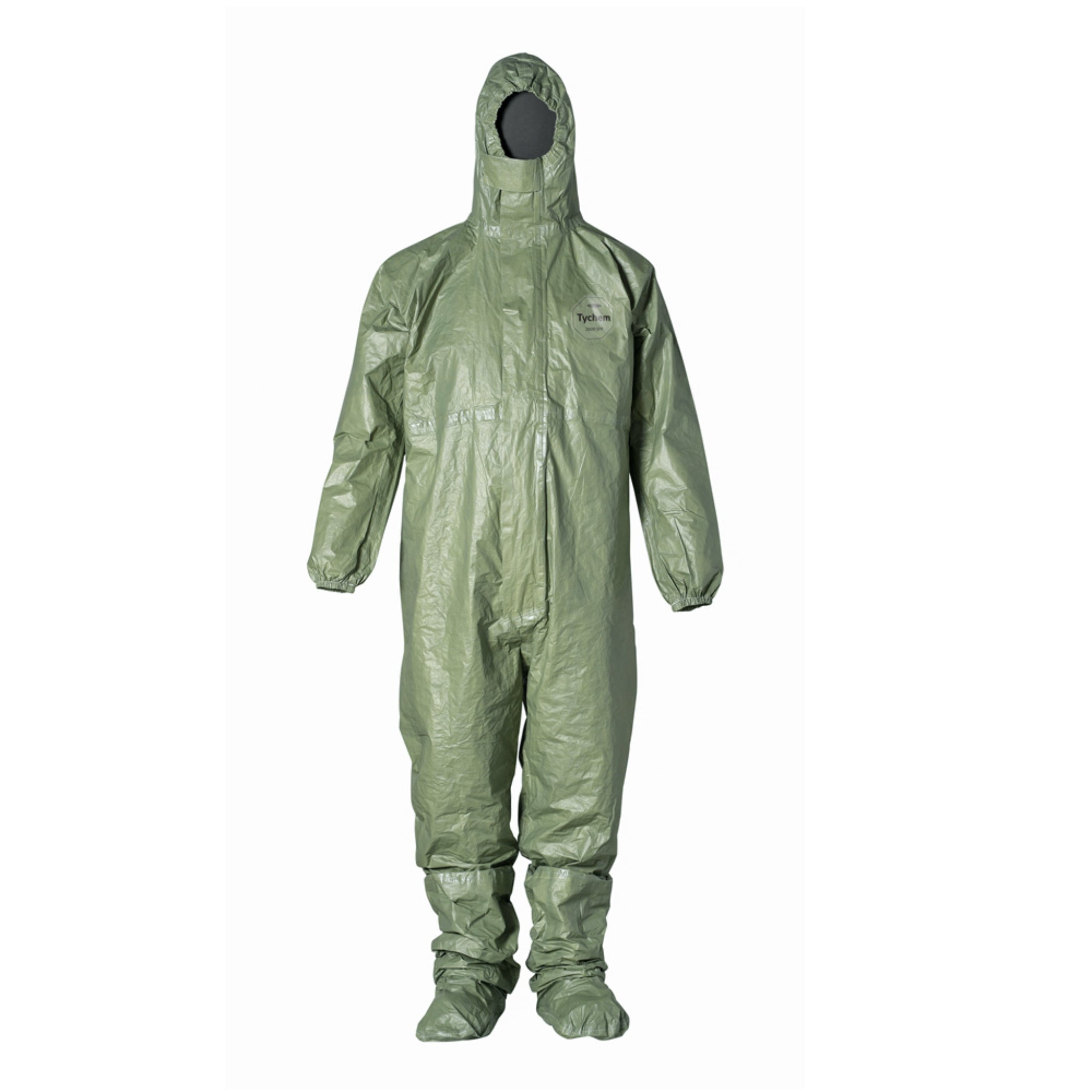 DuPont Tychem 2000 SFR QS127TGR Coverall, Respirator Fit Hood, Front Zipper Closure, Chin Flap, front view