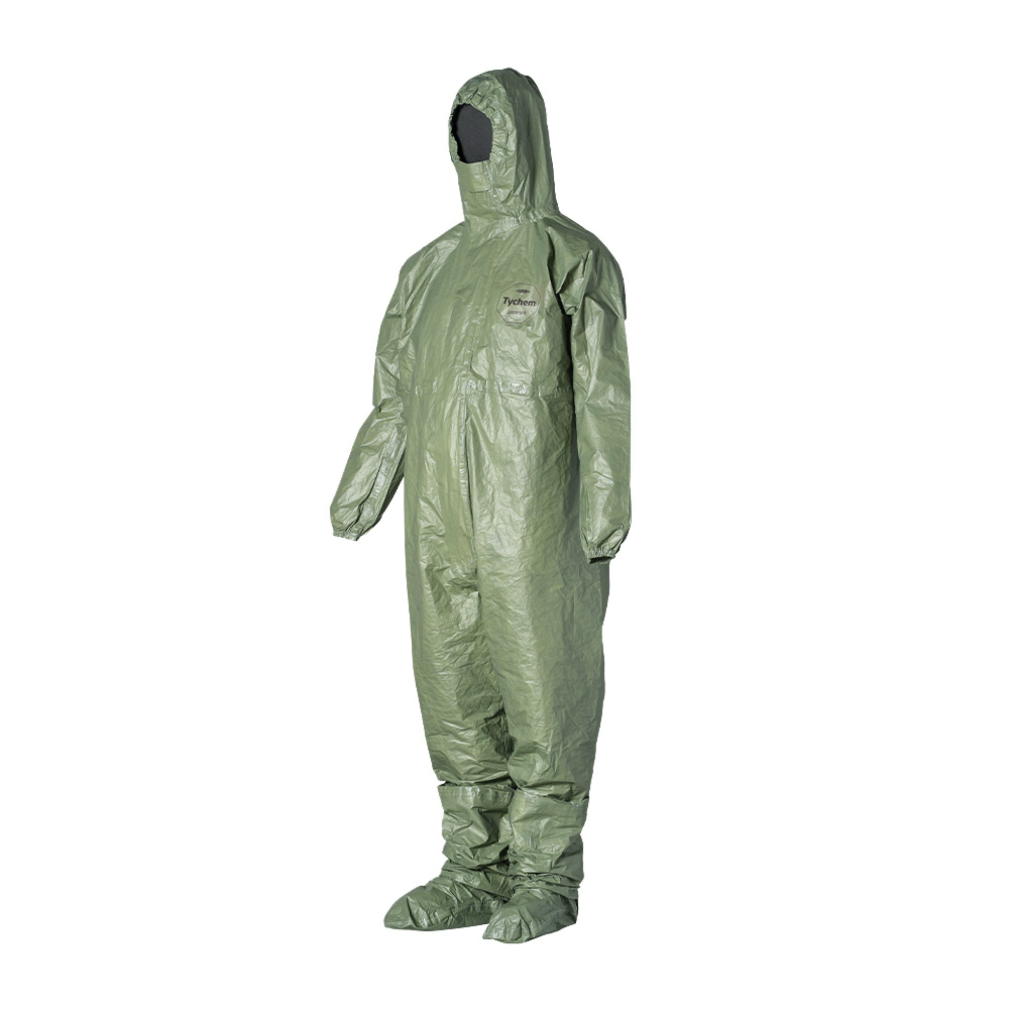 DuPont Tychem 2000 SFR QS127TGR Coverall, Respirator Fit Hood, Front Zipper Closure, Chin Flap, partial left view