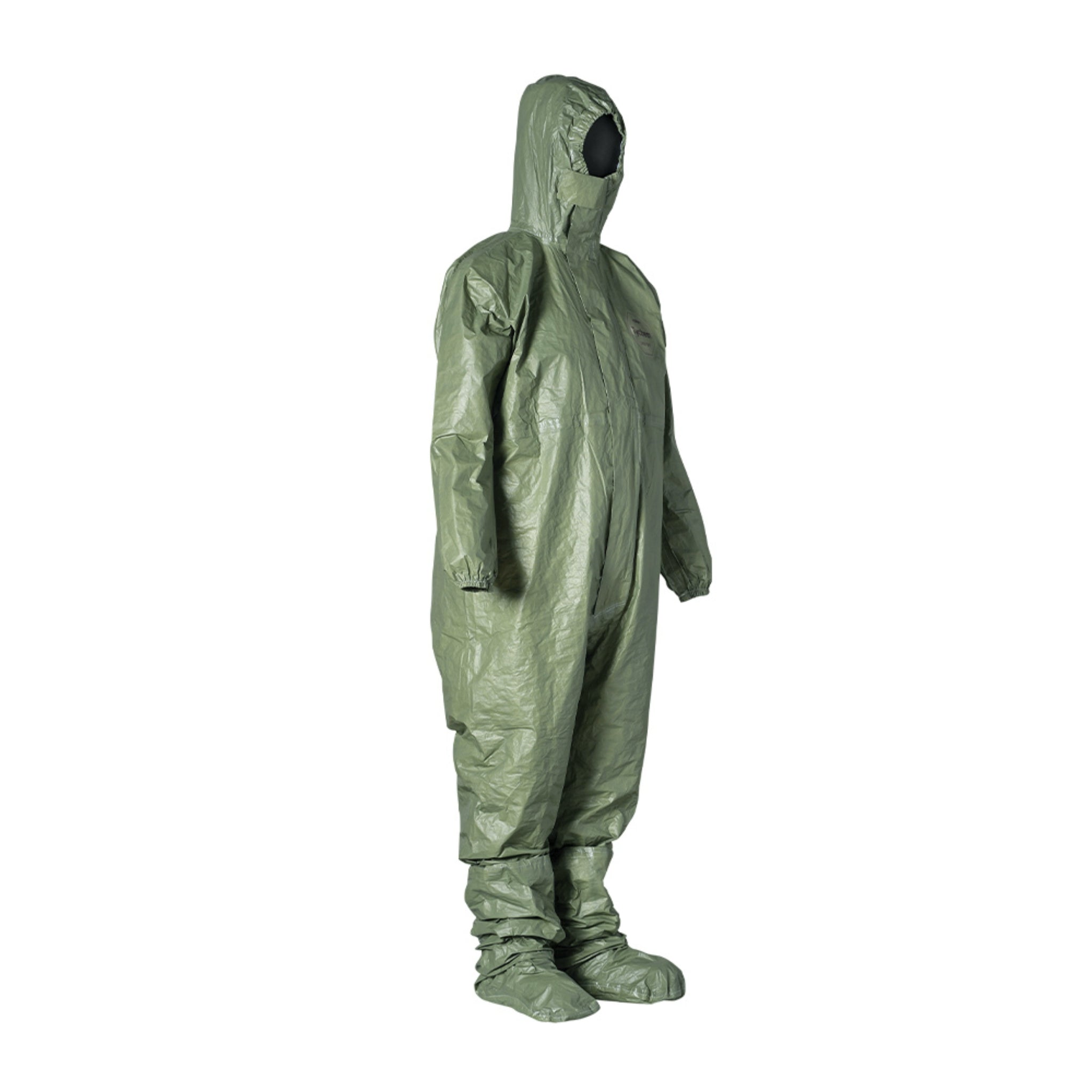 DuPont Tychem 2000 SFR QS127TGR Coverall, Respirator Fit Hood, Front Zipper Closure, Chin Flap, partial right