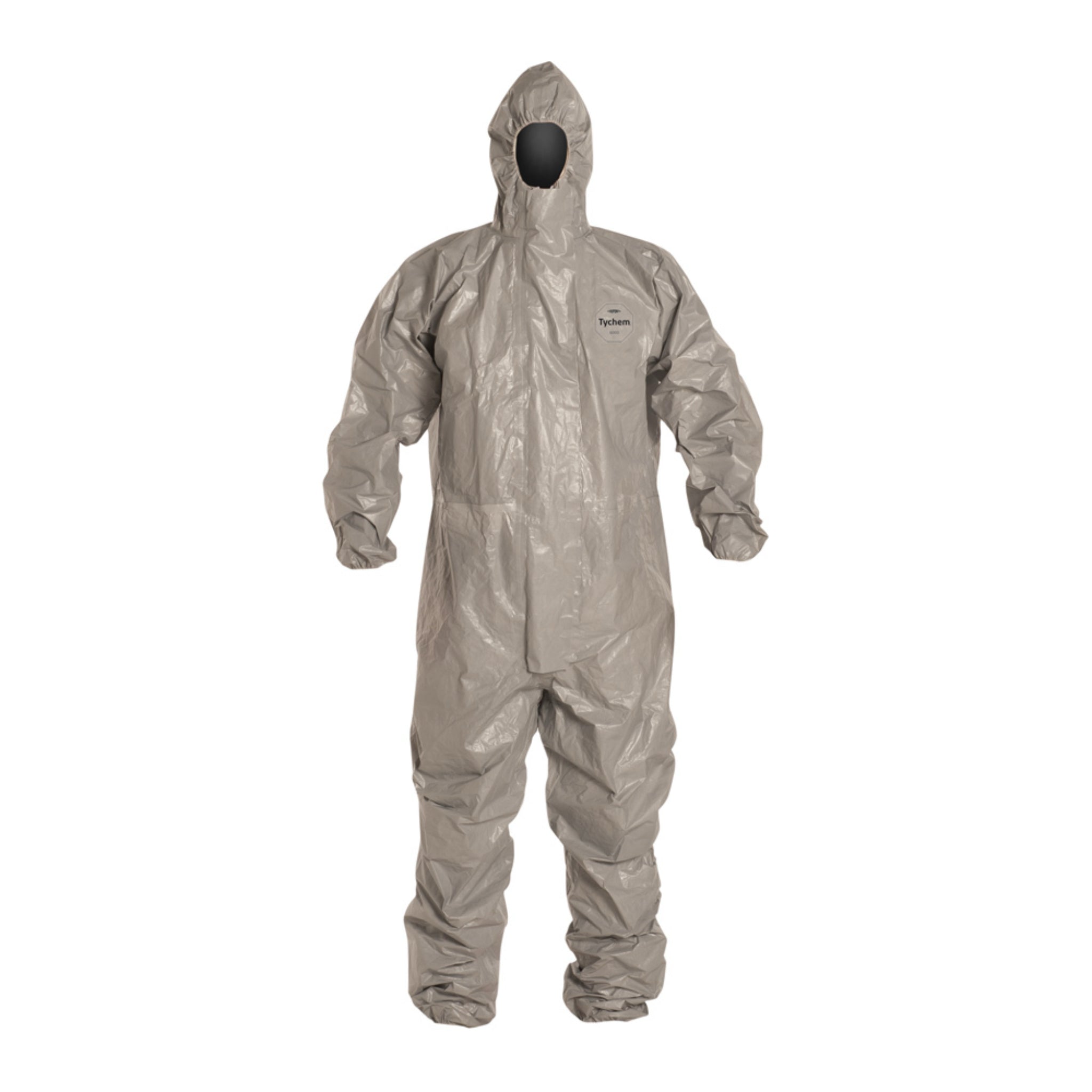 DuPont Tychem 6000 TF145TGY Chemical Protective Coveralls, Respirator Fit Hood, Elastic Wrists, Elastic Ankles, front view 