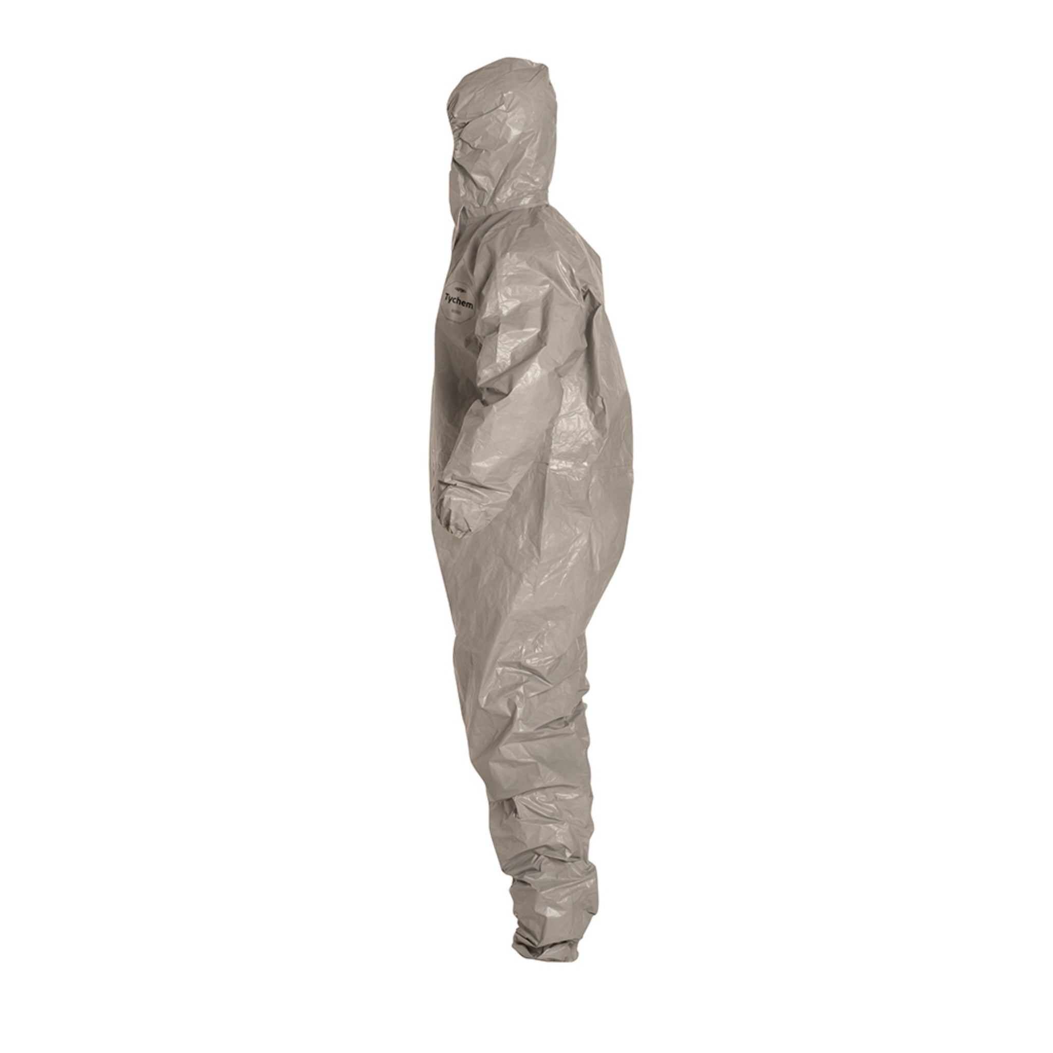 DuPont Tychem 6000 TF145TGY Chemical Protective Coveralls, Respirator Fit Hood, Elastic Wrists, Elastic Ankles, left side view