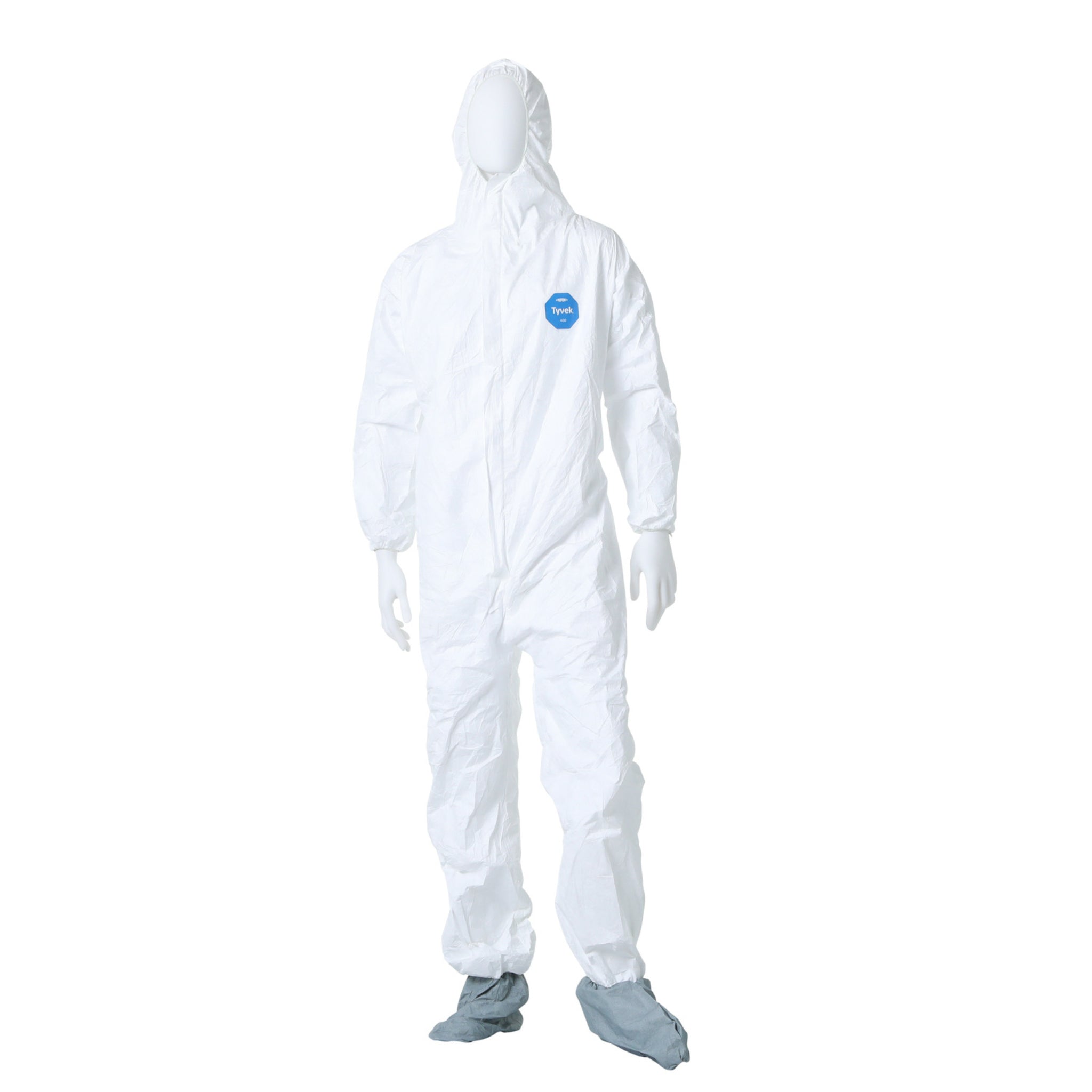 DuPont TY122SWH Tyvek 400 Coverall, Respirator Fit Hood with Elastic Wrists, Attached Skid-Resistant Boots, Front View