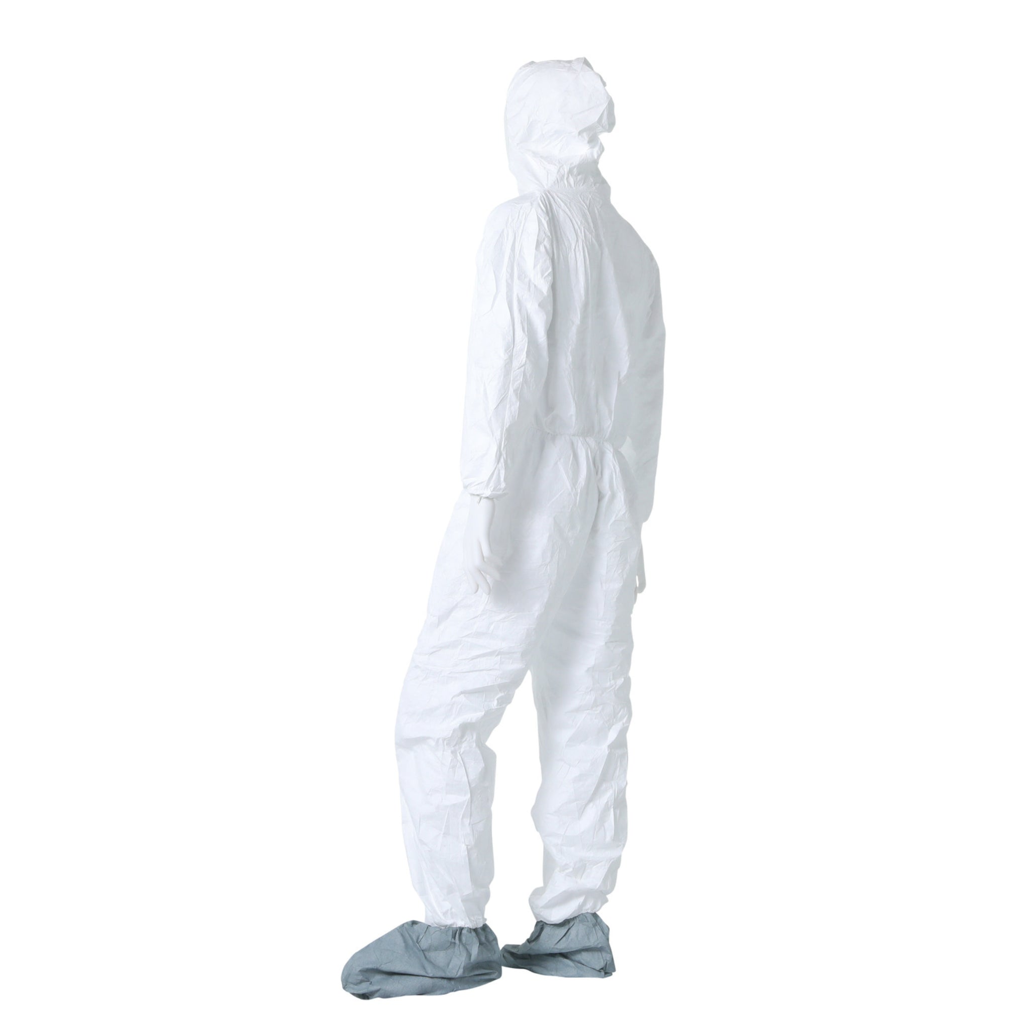 DuPont TY122SWH Tyvek 400 Coverall, Respirator Fit Hood with Elastic Wrists, Attached Skid-Resistant Boots, Left Side Angled Back View