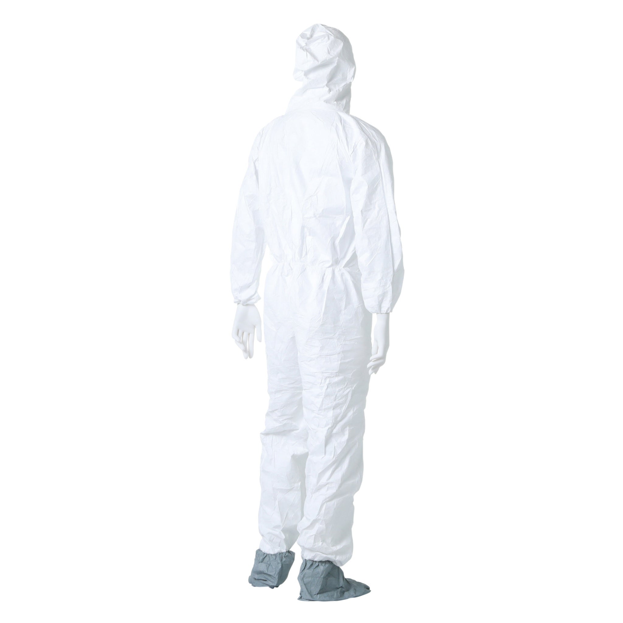 DuPont TY122SWH Tyvek 400 Coverall, Respirator Fit Hood with Elastic Wrists, Attached Skid-Resistant Boots, Back Right Side Angled View