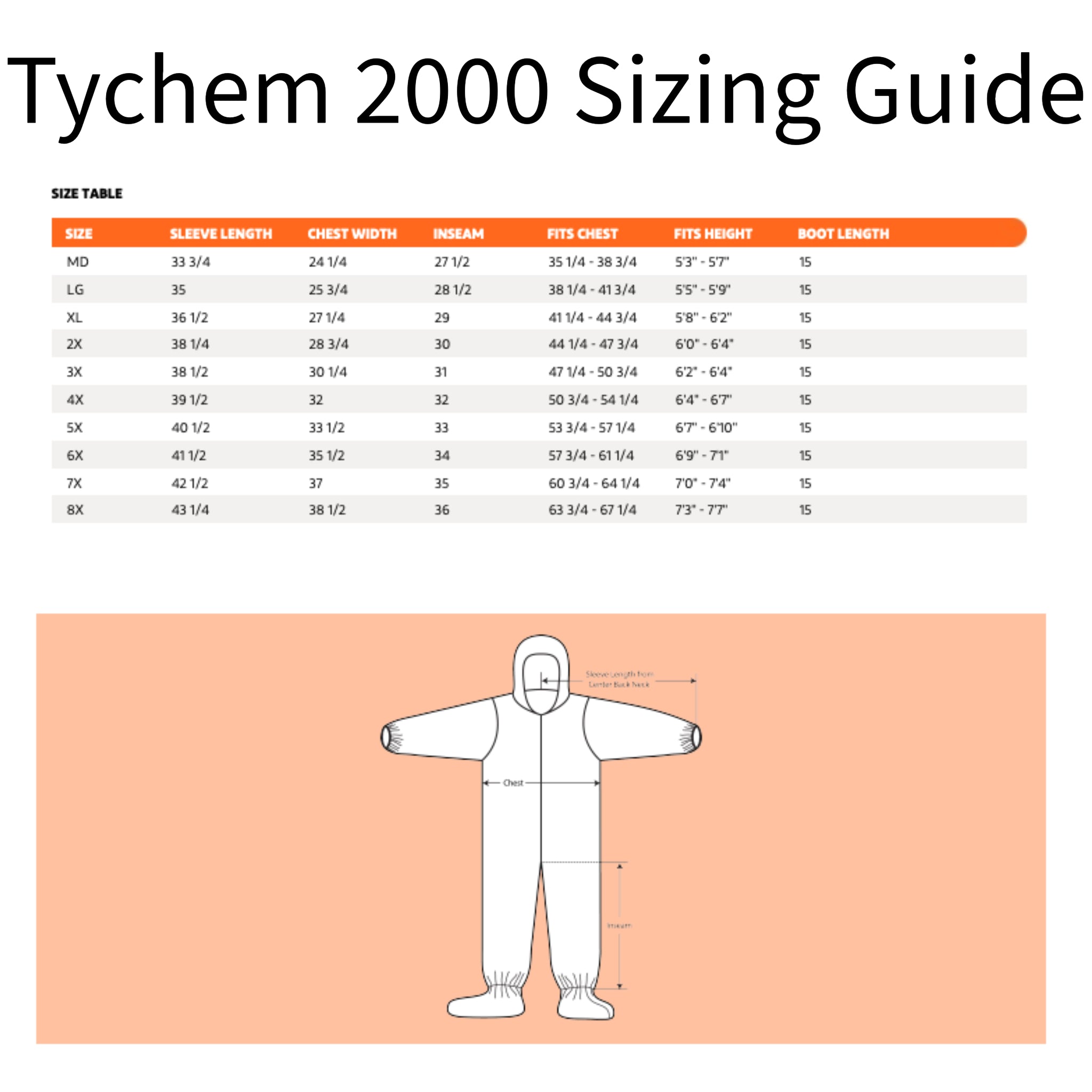 DuPont Tychem 2000 QC122SYL Chemical Protective Coverall with Hood, Size Guide