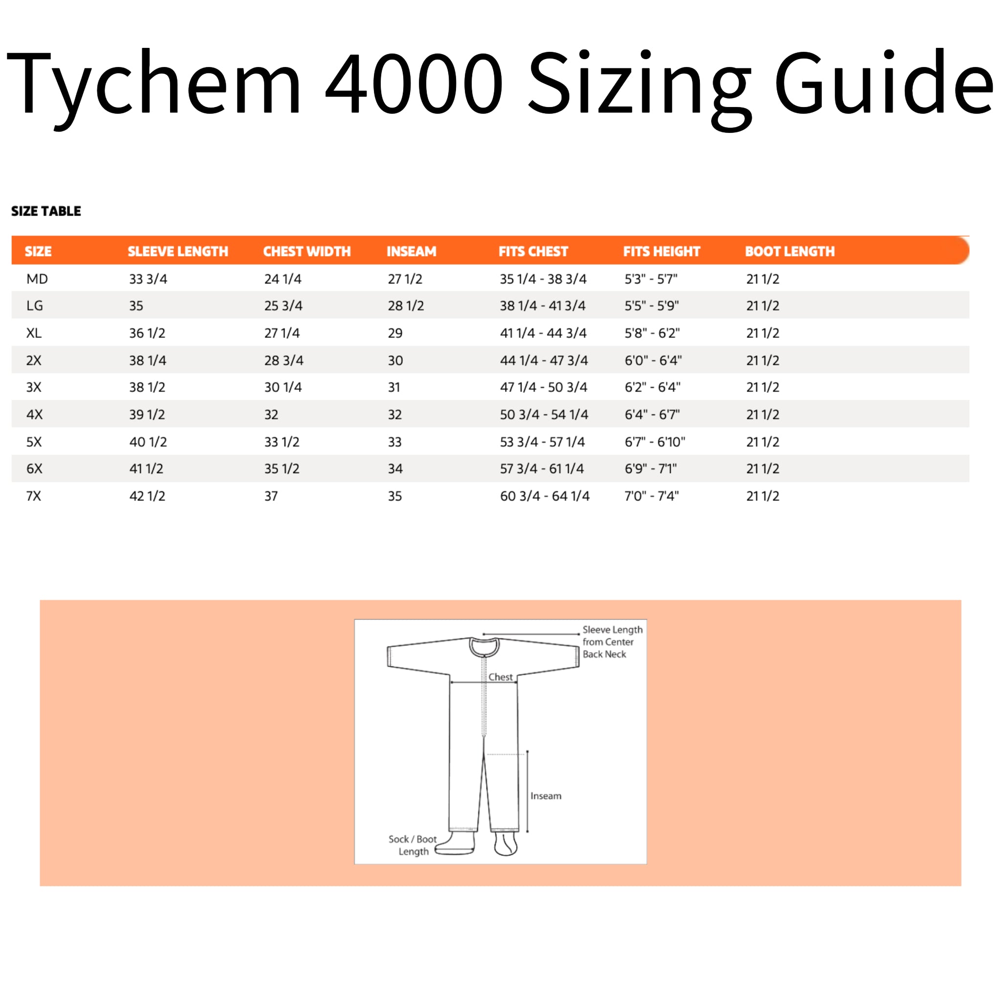 DuPont Tychem 4000 SL122BWH Coverall, Size Guide