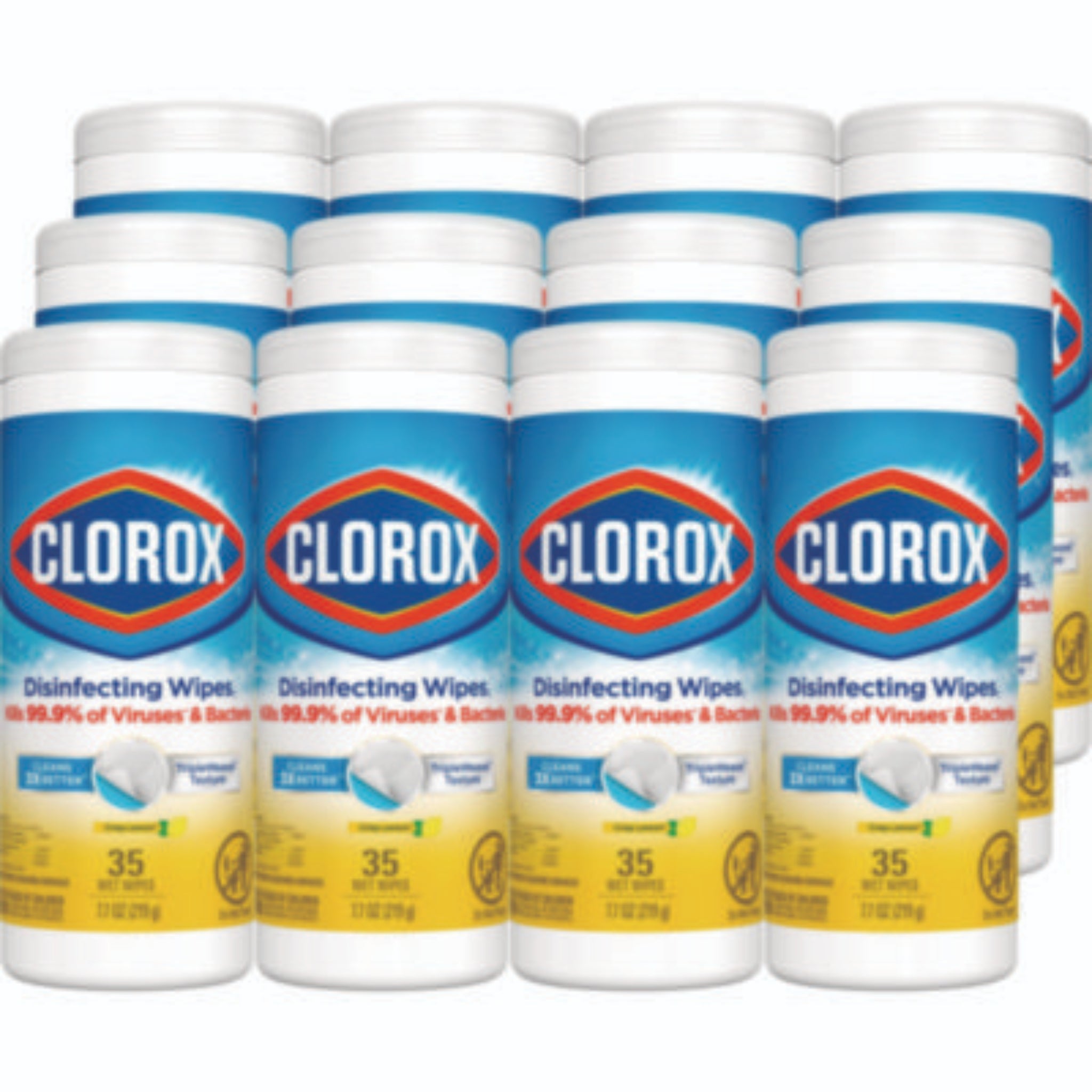 CLOROX SALES CO. CLO01594CT Disinfecting Wipes, 1-Ply, 7 x 8, Crisp Lemon, White, Carton of 12 Canister