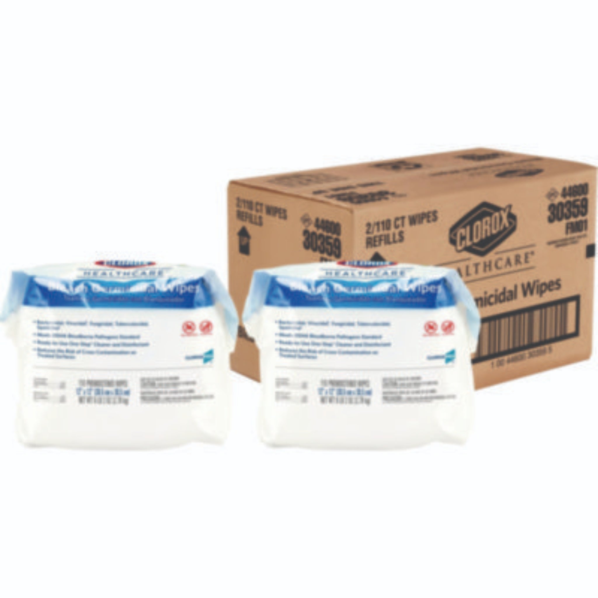CLOROX SALES CO. CLO30359CT Bleach Germicidal Wipes, 1-Ply, 12 x 12, Unscented, White, Refill of 110, Carton of 2
