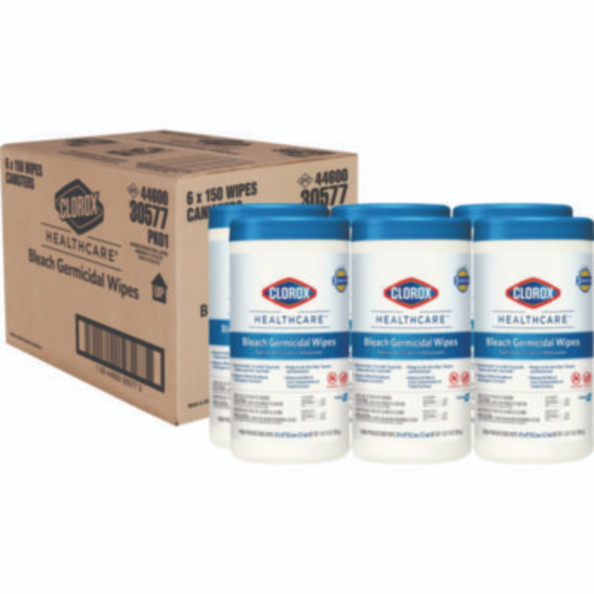 CLOROX SALES CO. CLO30577CT Bleach Germicidal Wipes, 1-Ply, 6 x 5, Unscented, White, Canister of 150, Carton of 6 Canisters
