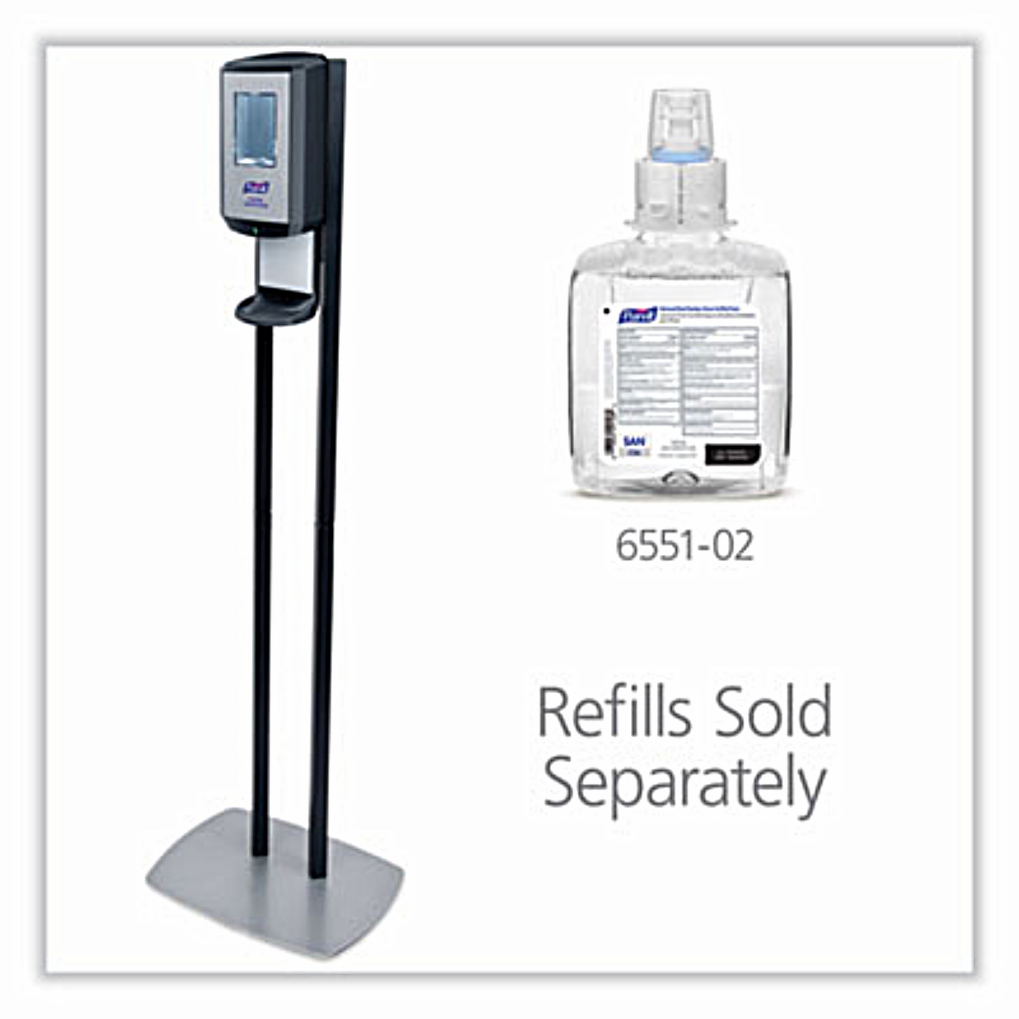 GO-JO INDUSTRIES PURELL GOJ7416DS CS6 Hand Sanitizer Floor Stand with Dispenser, 1,200 mL, 13.5 x 5 x 28.5, Graphite/Silver, Front View with 6551-02