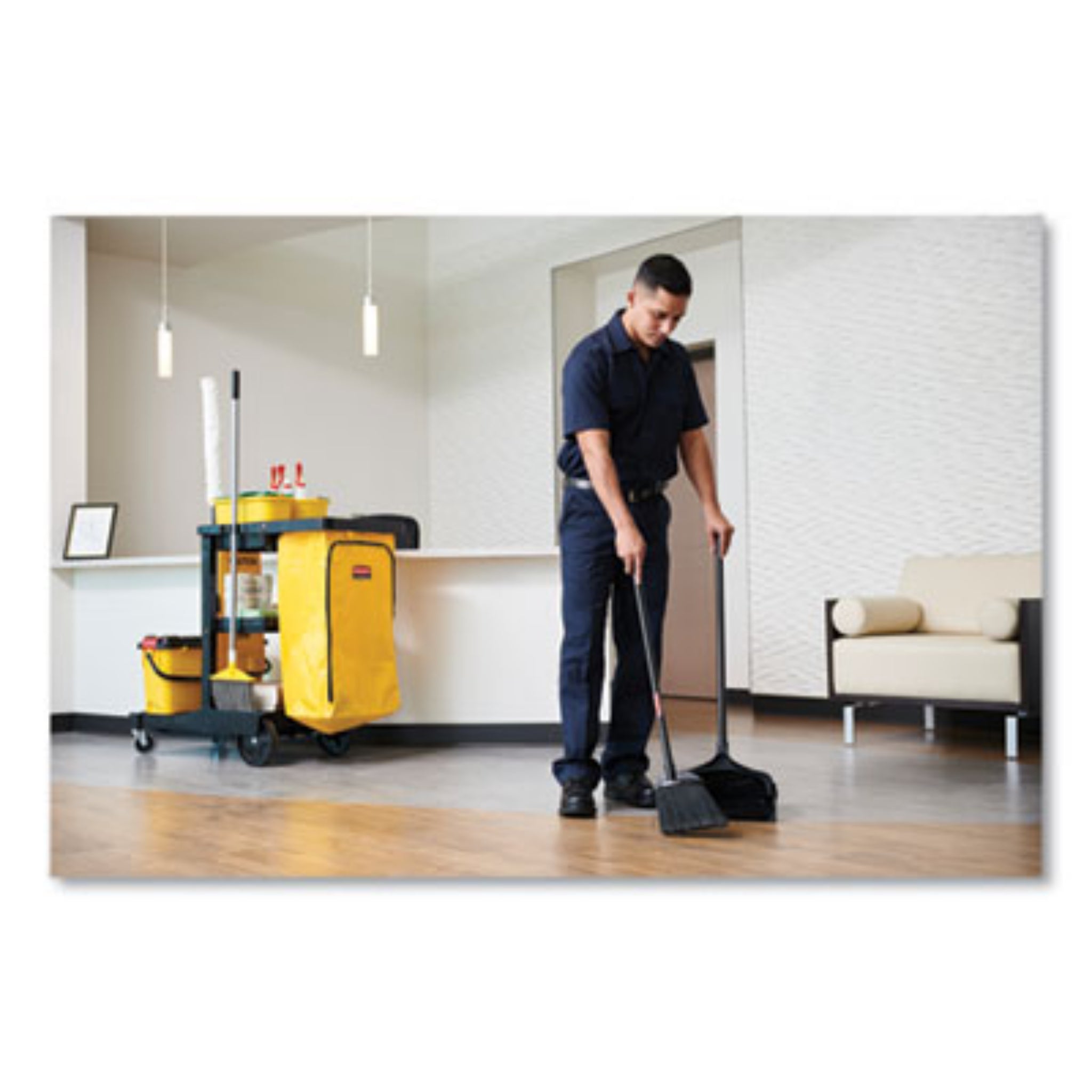 RUBBERMAID COMMERCIAL PROD. RCP253100BK Lobby Pro Upright Dustpan With Wheels, Application