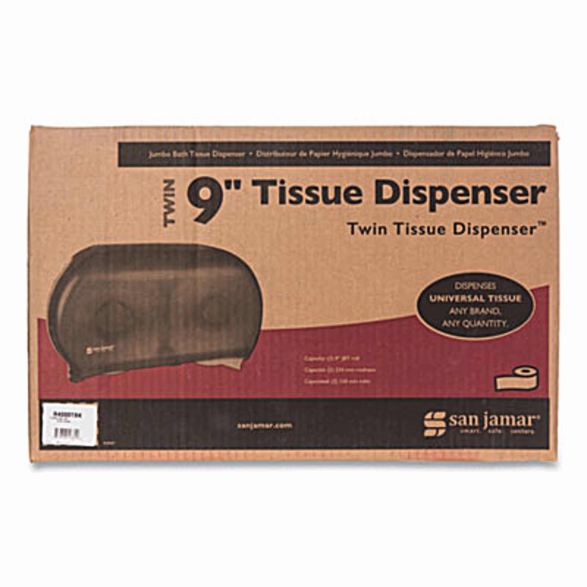 CFS BRANDS San Jamar SJMR4000TBK Twin 9" Jumbo Tissue Dispenser, Classic, 19 x 5.25 x 12, Transparent Black Pearl, Carton