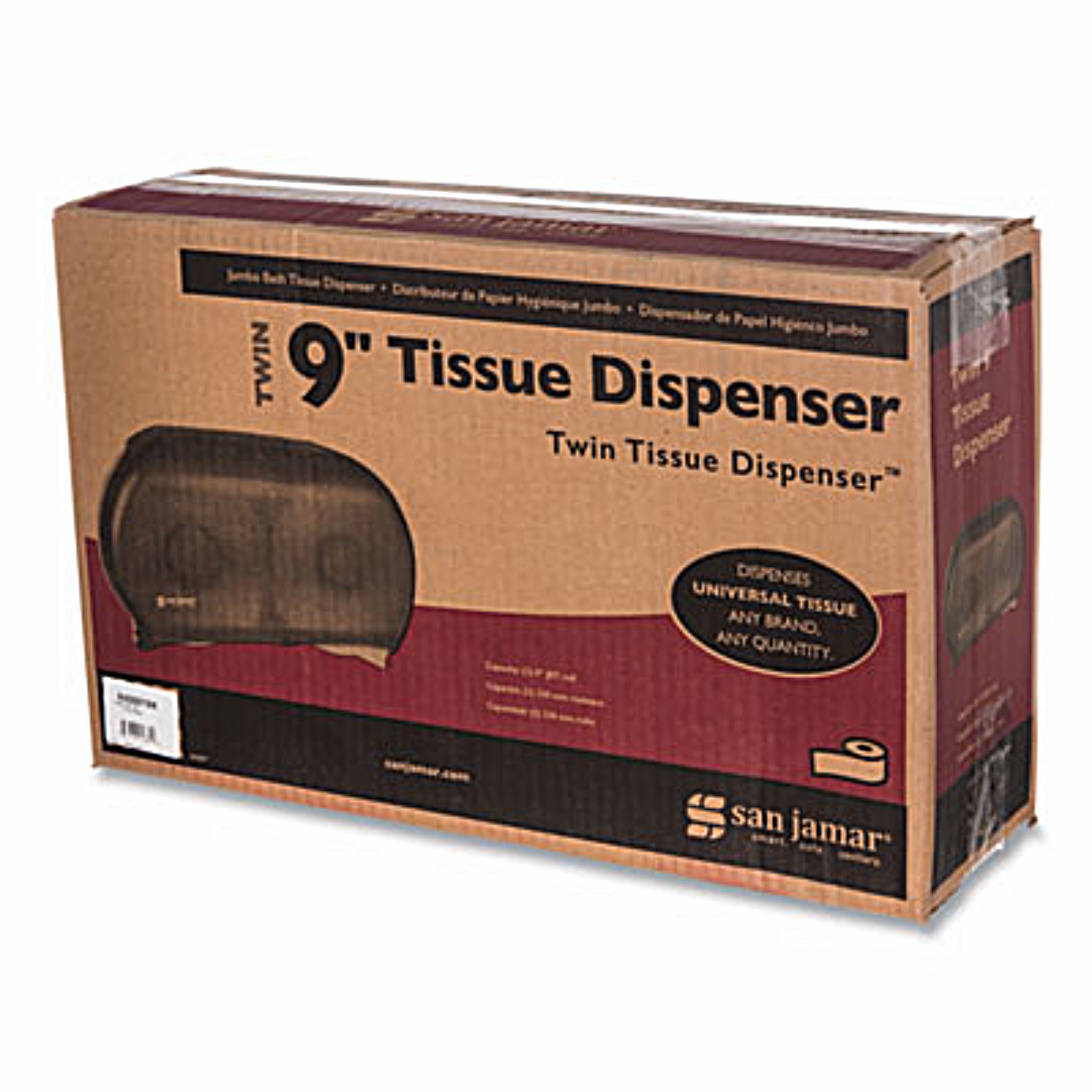 CFS BRANDS San Jamar SJMR4000TBK Twin 9" Jumbo Tissue Dispenser, Classic, 19 x 5.25 x 12, Transparent Black Pearl, Carton