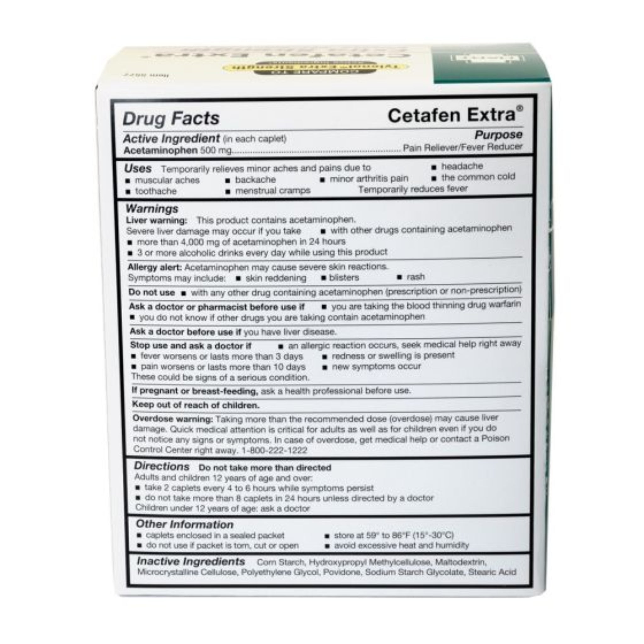 Hart Health 5577 Cetafen, 325mg, Non-Aspirin Pain Reliever, 125/2's per box, Box of 250, Back View