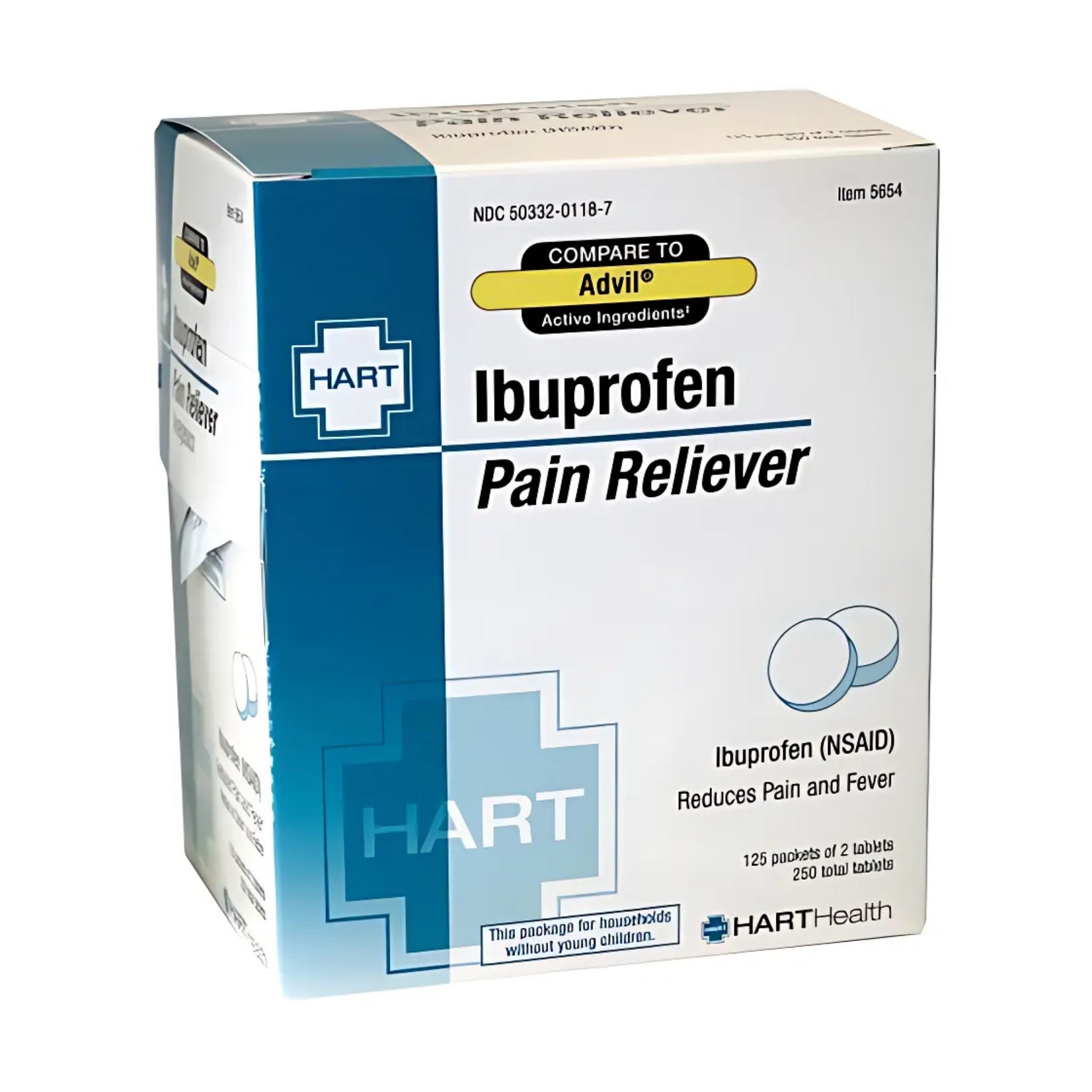 Hart Health 5654 Ibuprofen Pain Reliever, 200mg, Industrial Pack, 125/2's per box, Box of 250 Tablets, Main Image